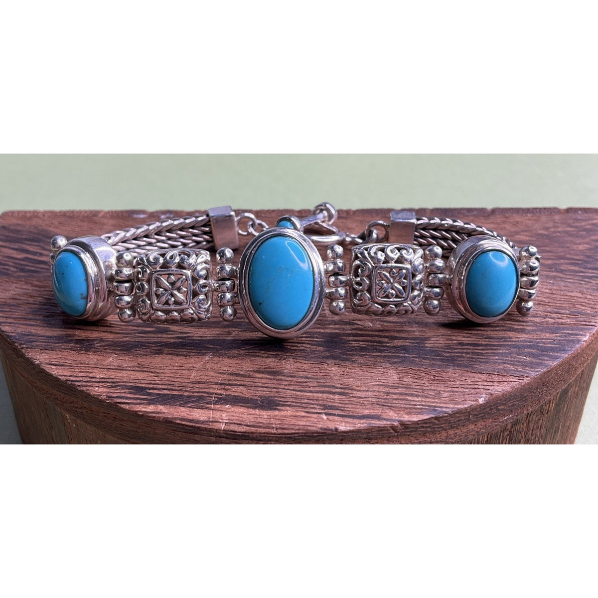 Vintage 925 Sterling Silver Turquoise Bracelet Ornate Filigree Woven Chain 30gr