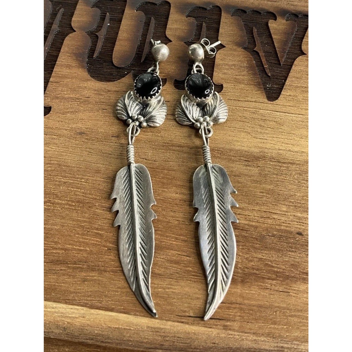 Lorena Sterling Silver Black Onyx Feather Dangle Earrings Southwestern Boho Drop
