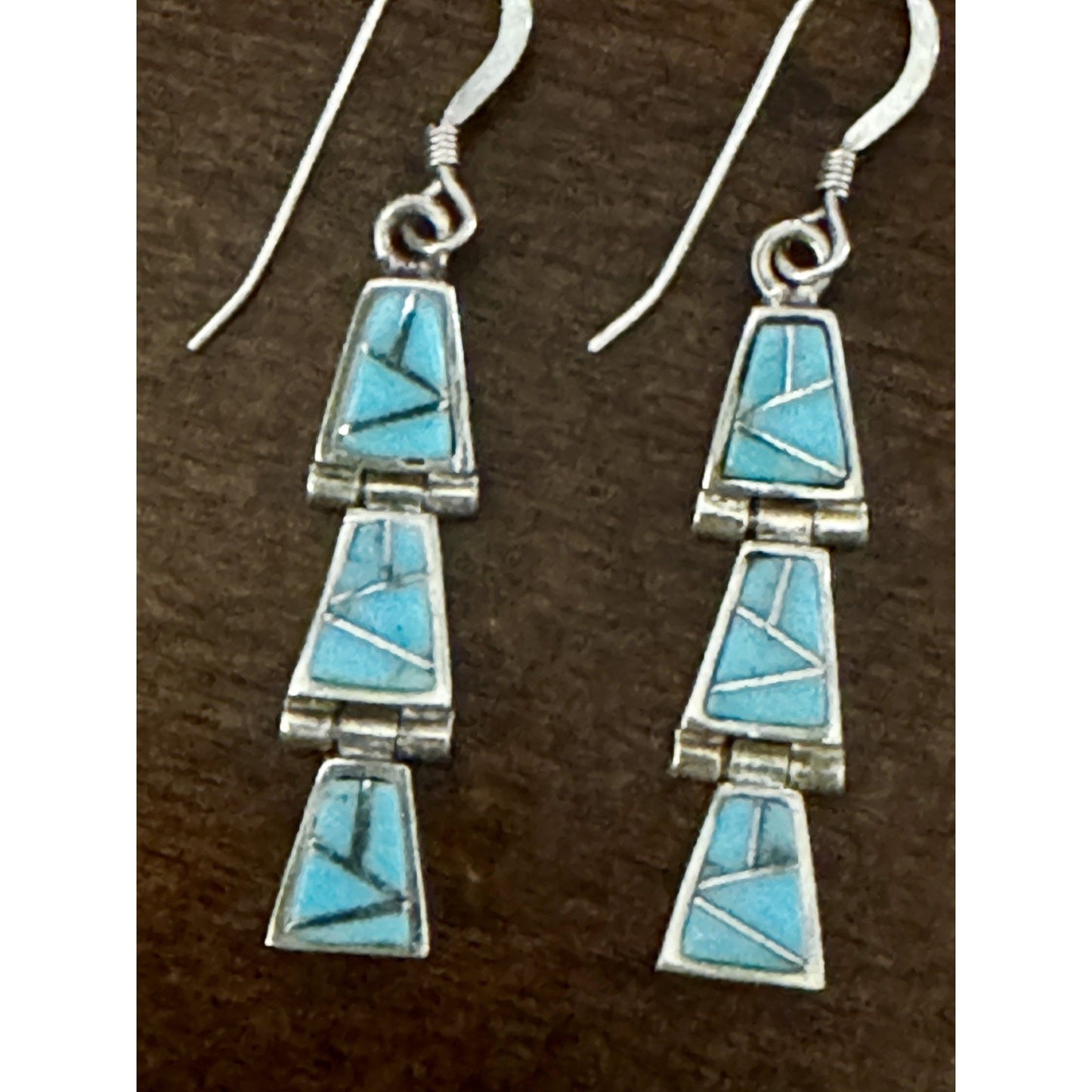 Vintage Sterling Silver Turquoise Inlay Southwestern Dangle Earrings 2.5”