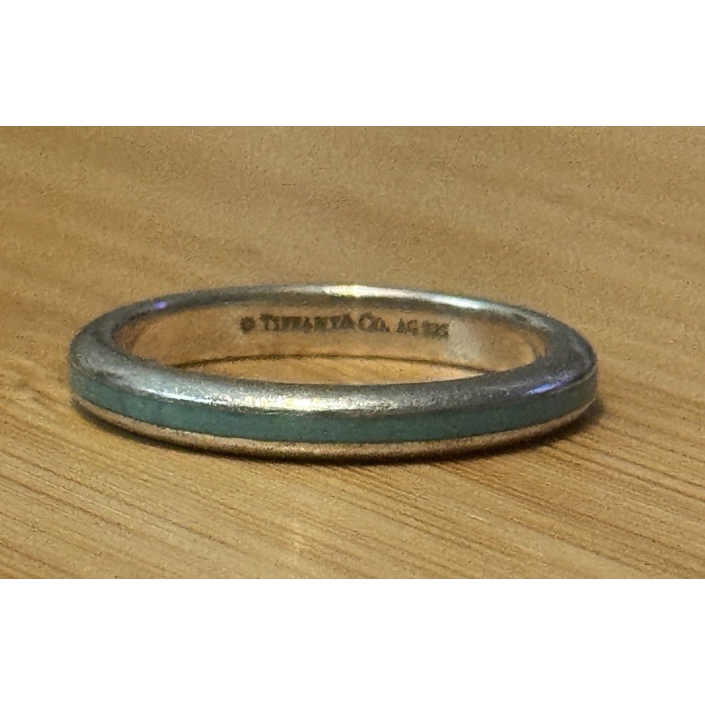 Retired Tiffany & Co. Blue Enamel Sterling Silver Narrow Stripe Band Ring Size 8