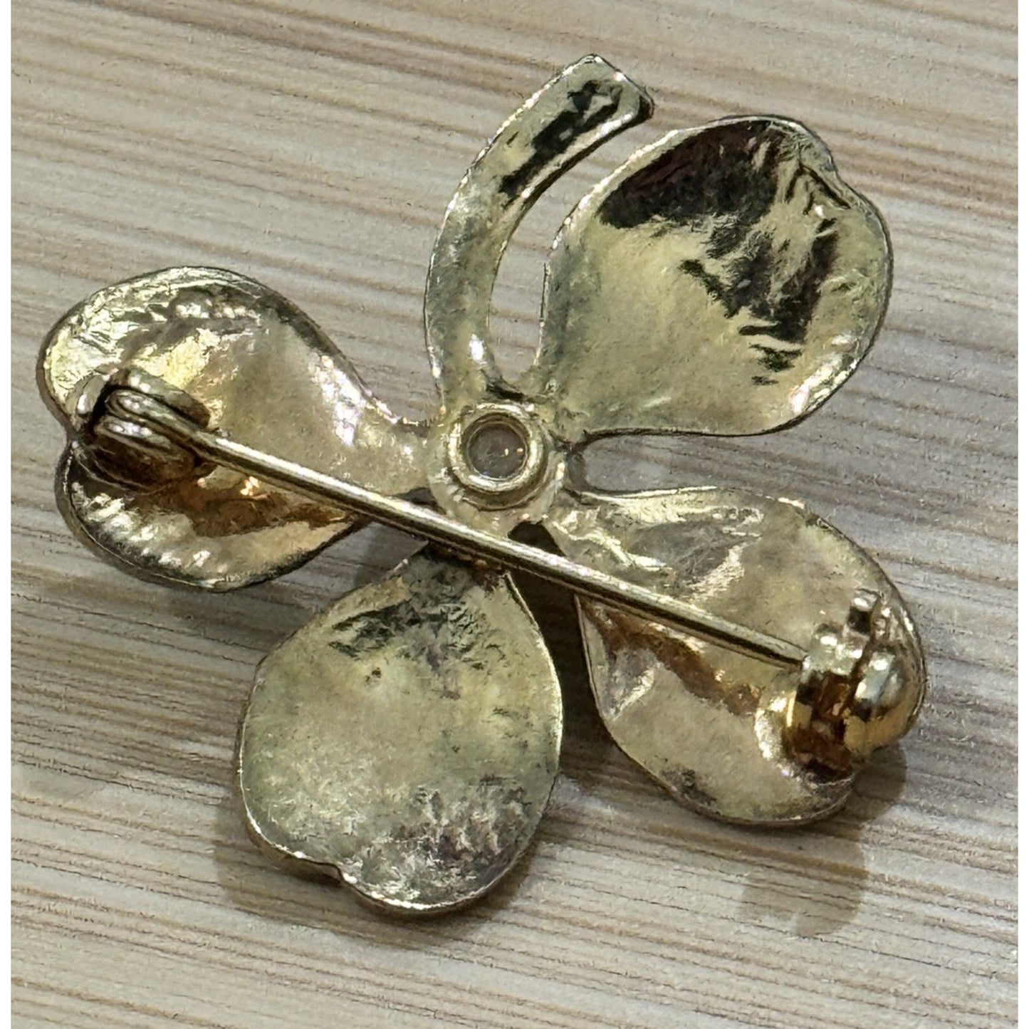 Vintage Green Enamel Shamrock Four Leaf Clover With Pearl Lucky Pin Brooch