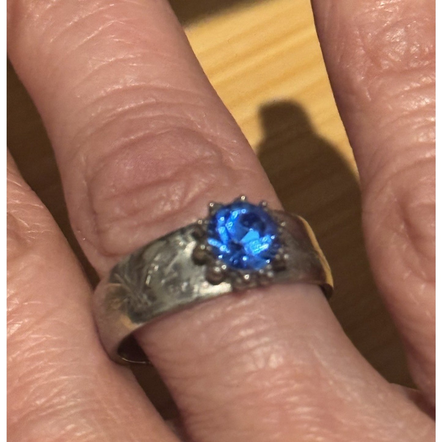 Vintage Thai Sterling Silver Blue Topaz Ring Wide Engraved Band