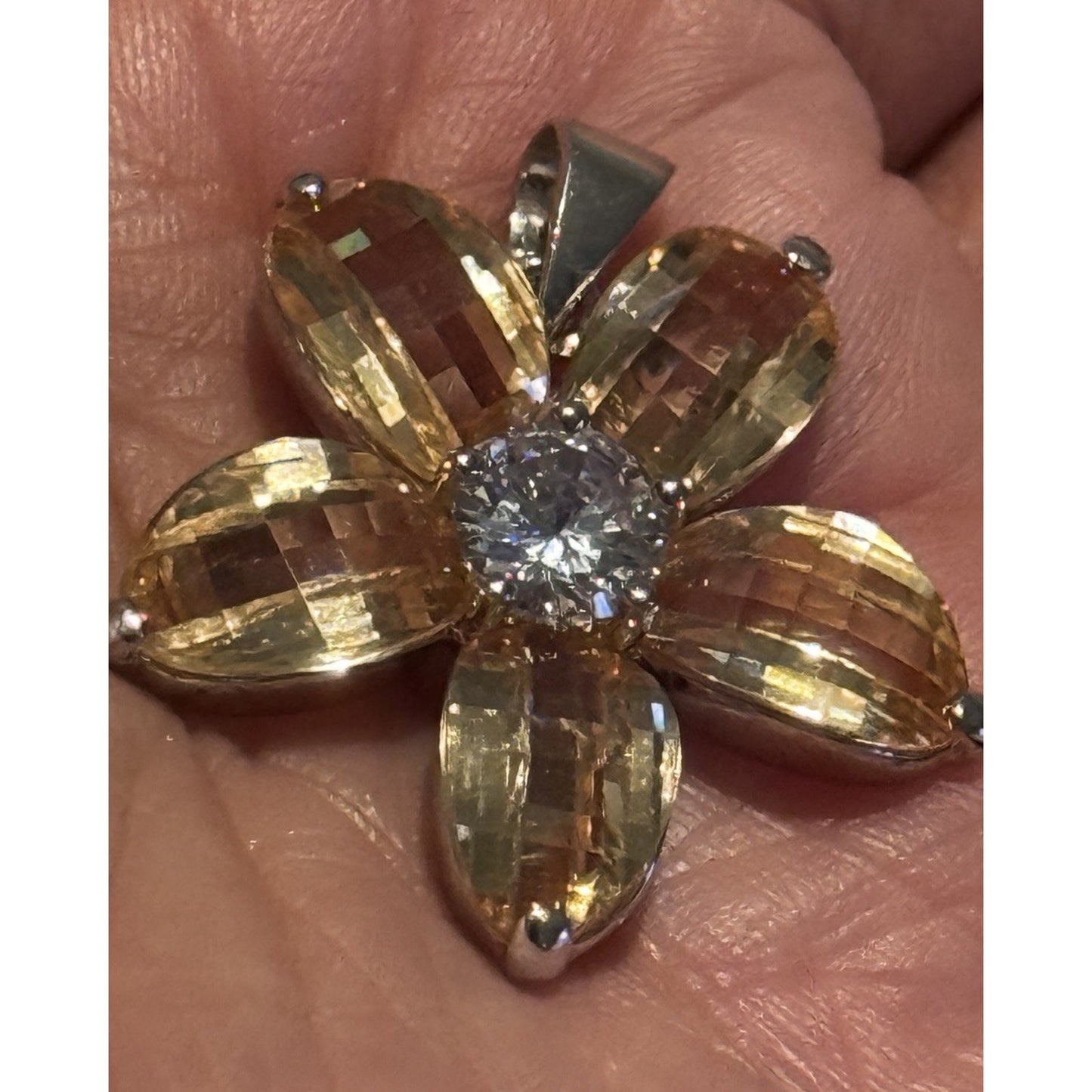 Vintage Sterling Silver Citrine Flower Pendant White Topaz Gem 925 11g