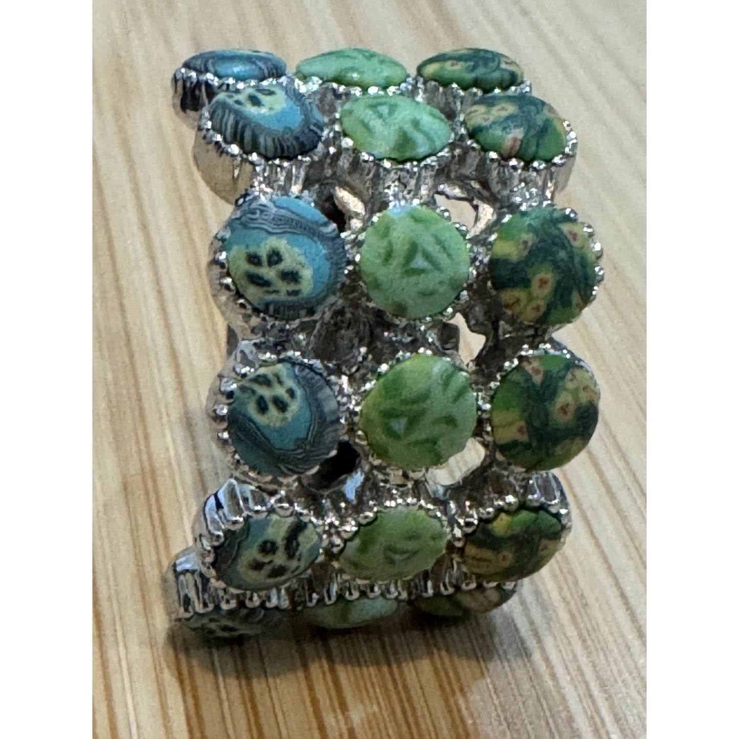 Viva Beads Green Hand Painted Statement Ring Silver Tone Wide Band Size 6.75