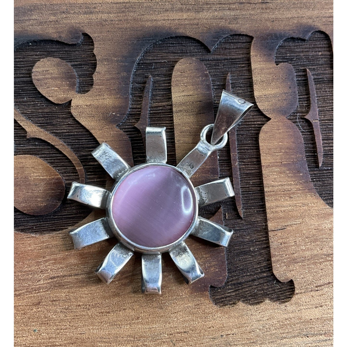 Sterling Silver Pink Cat’s Eye Sun Pendant