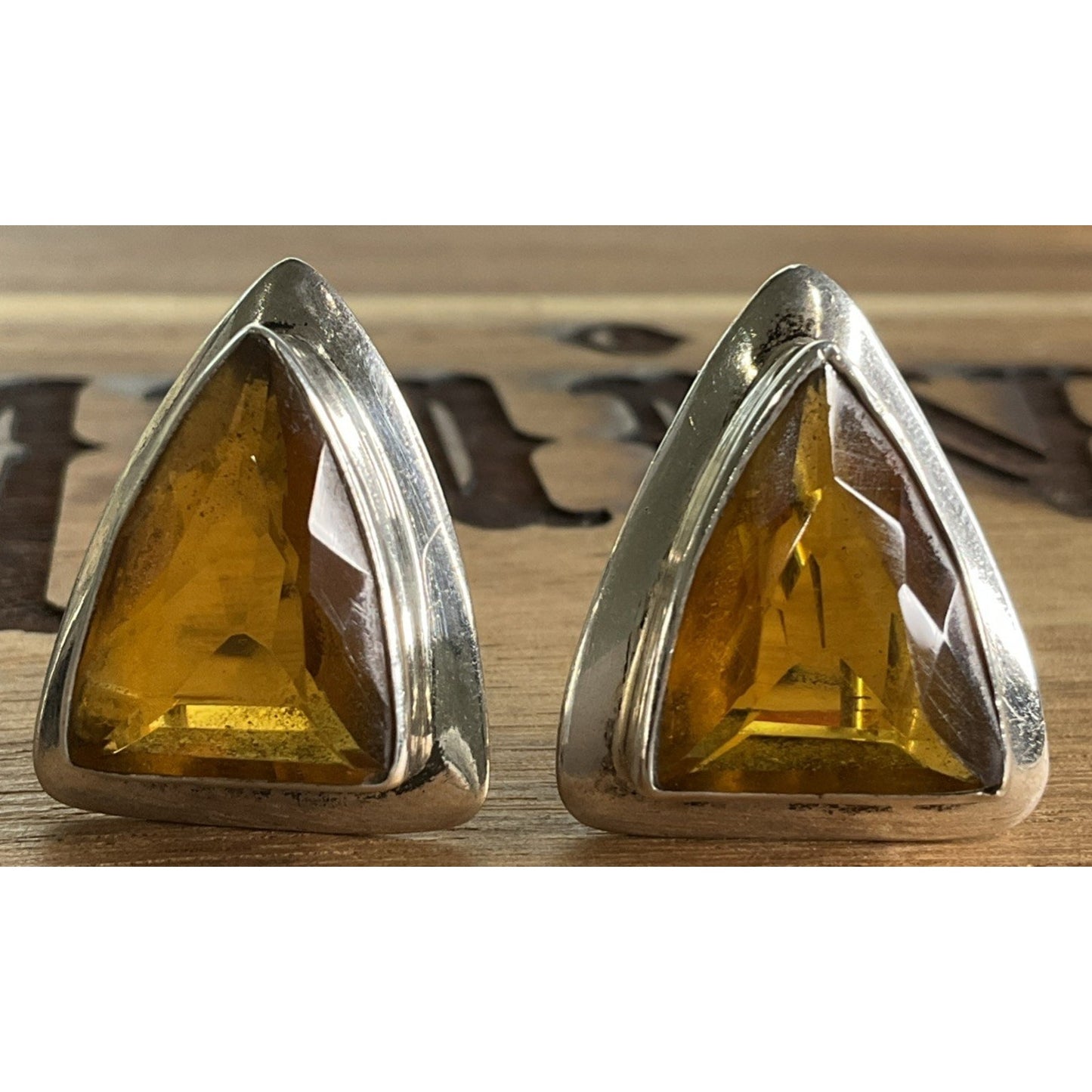 Vintage Sterling Silver Baltic Amber Honey Triangle French Clip Earrings 11g