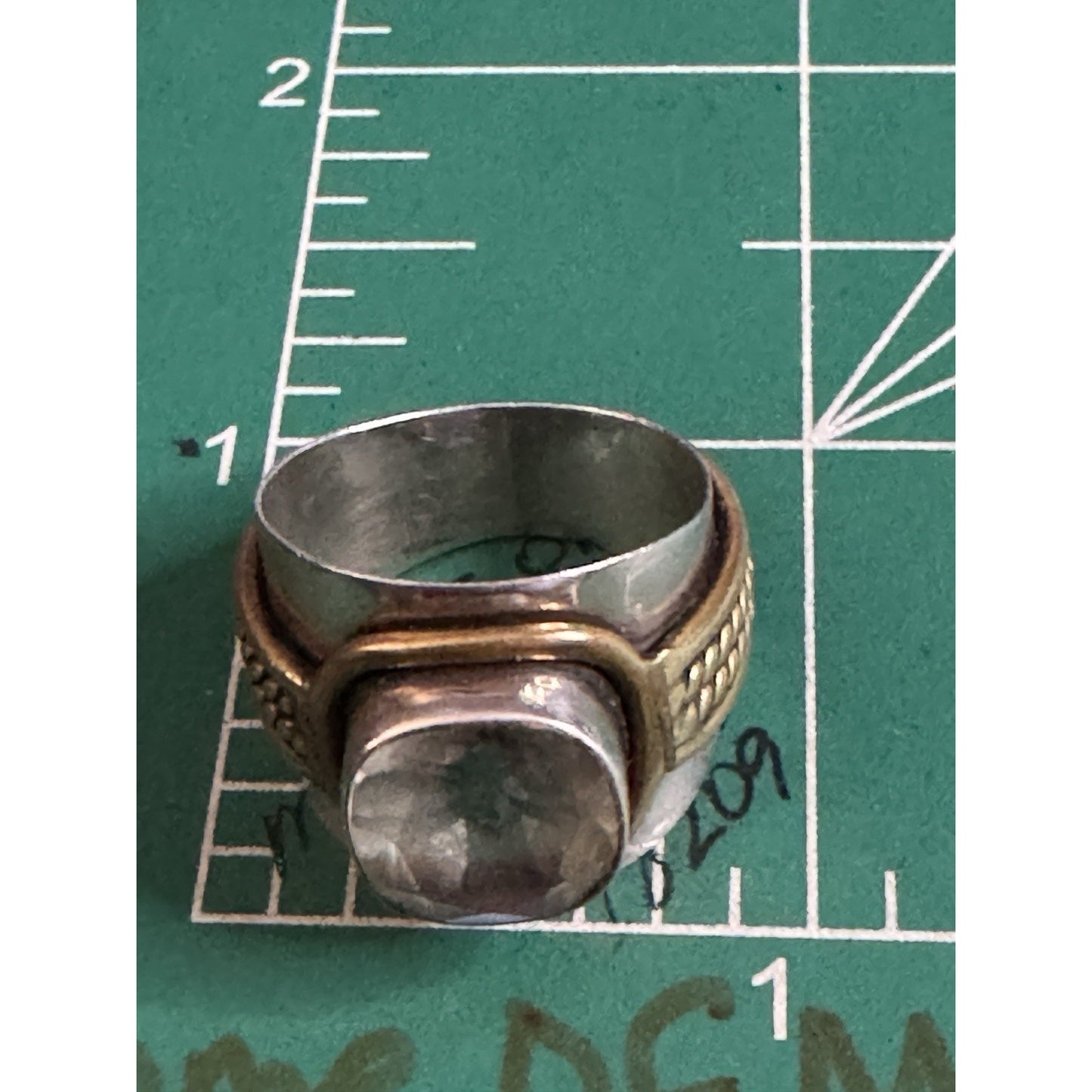 Vintage Sterling Silver & Brass Ring Green Amethyst Prasiolite Cushion Size 7.25