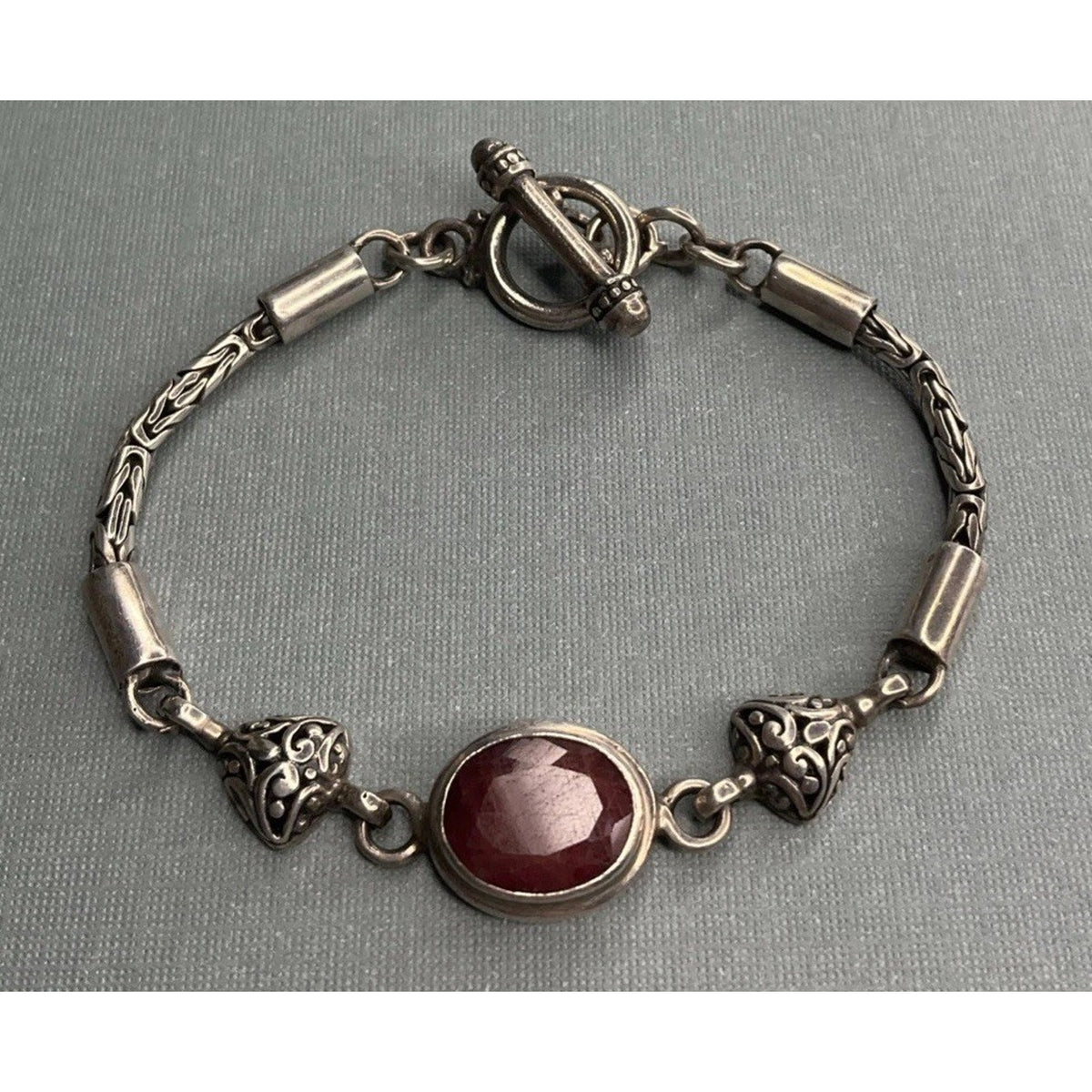 Vintage Sterling Silver Red Gemstone Bracelet Bali Style Toggle 19g