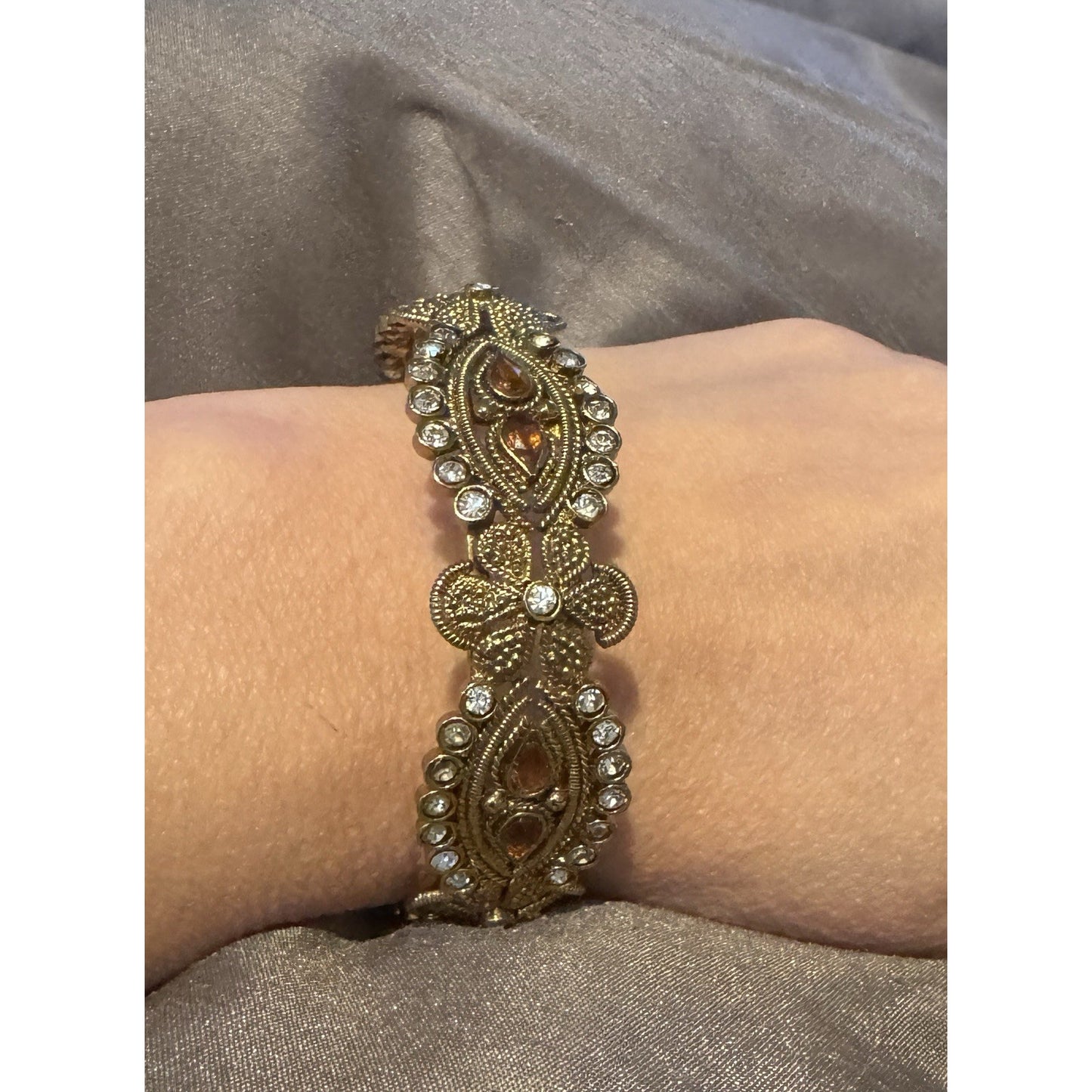Vintage Etruscan Revival Filigree Rhinestone Amber Glass Bracelet