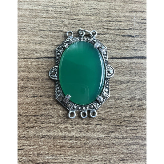 Vintage Sterling Silver Green Chalcedony Pendant Marcasite Oval Cabochon