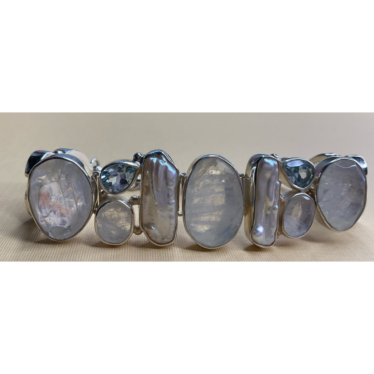 Vintage Sterling Silver Rainbow Moonstone Pearl Multi Gemstone Bracelet