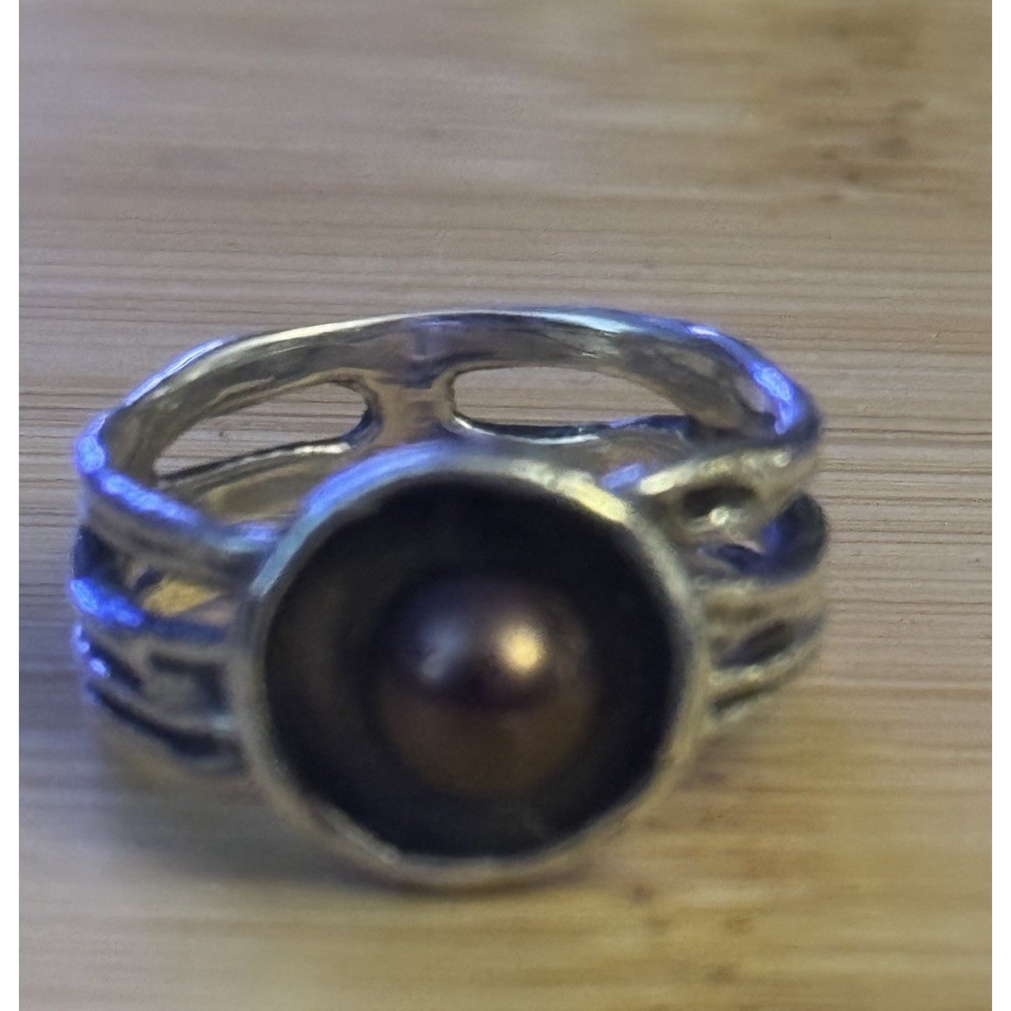 Vintage Genuine Dark Pearl Modernist Sterling Silver 925 Ring Size 8