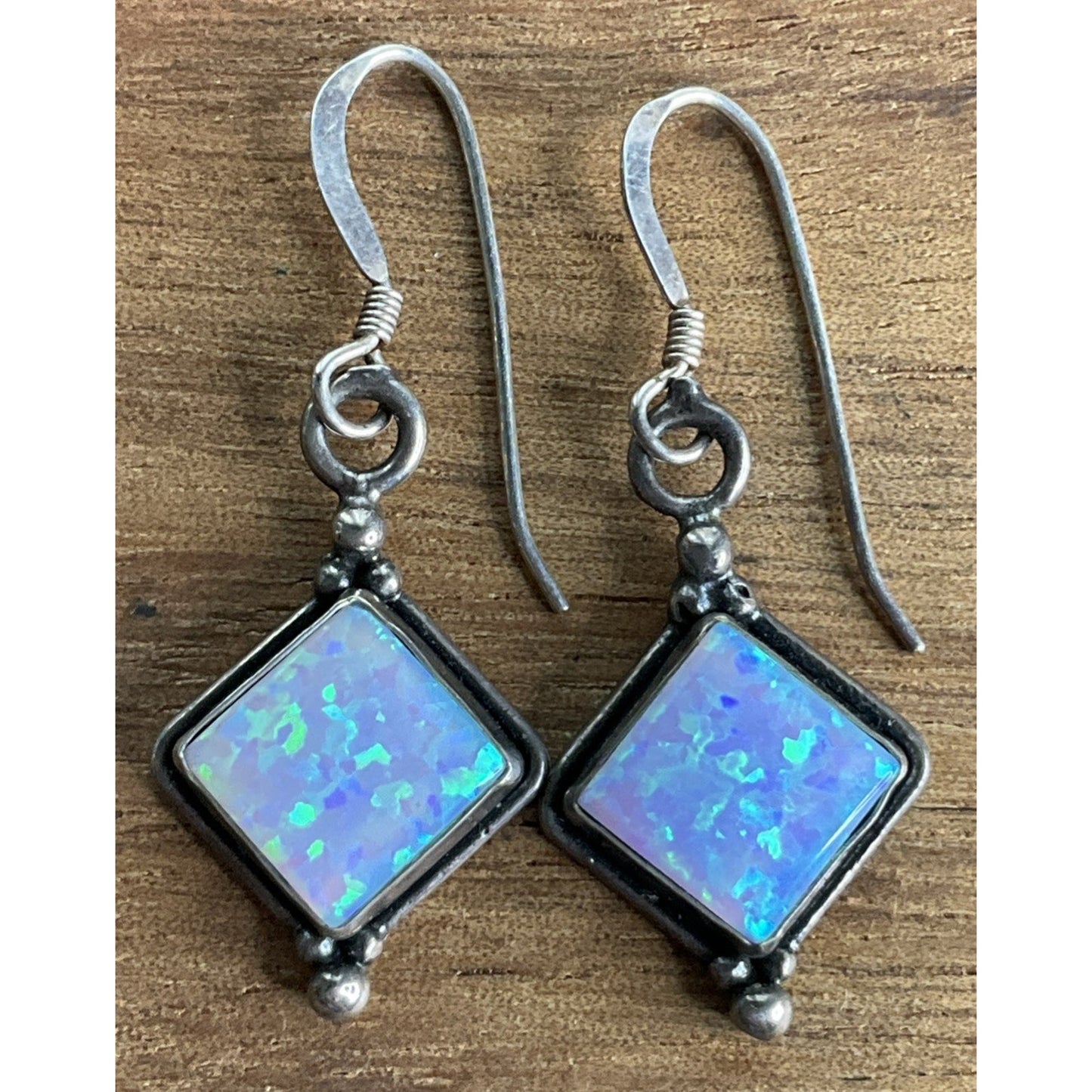 Vintage Sterling Silver Geometric Blue Iridescent Fire Opal Dangle Drop Earrings