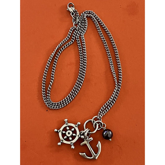 James Avery Retired Silver Anchors Aweigh Ship Wheel Anchor and Pearl Pendant Pre-Owned