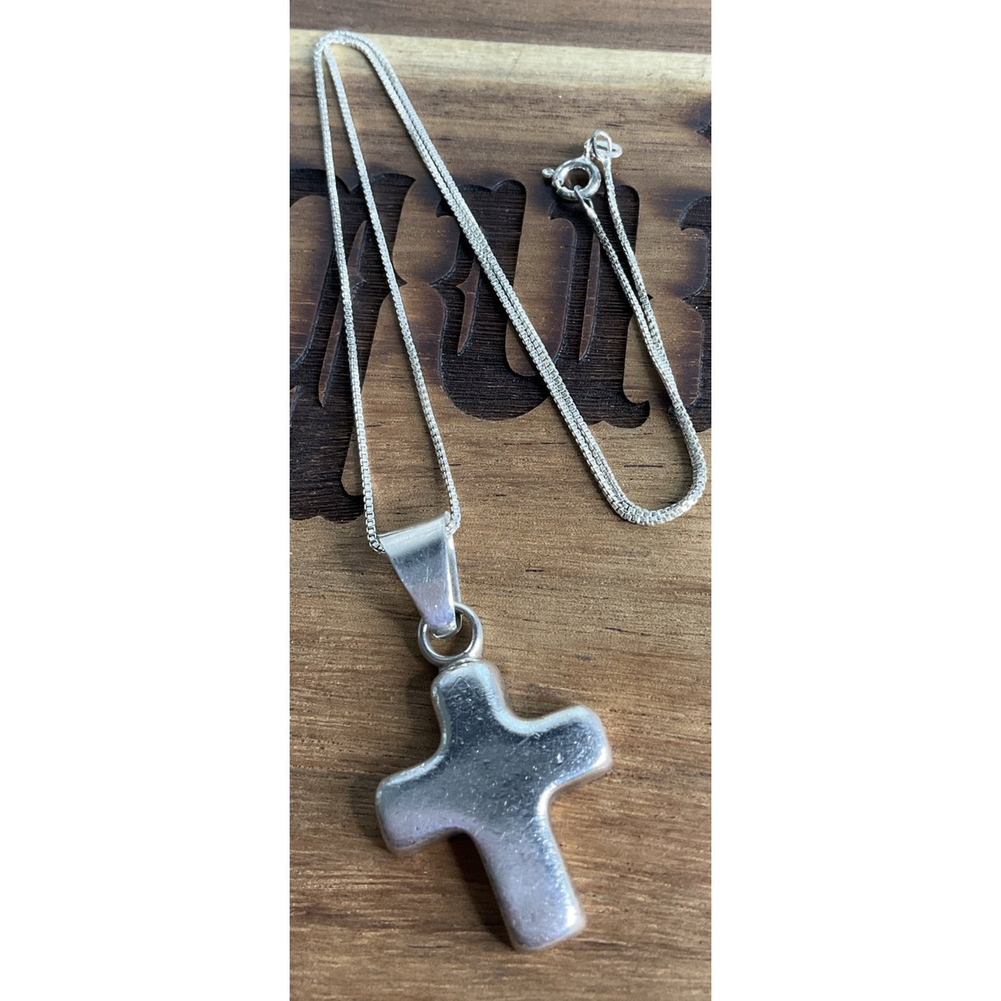 Vintage Sterling Silver Puffy Cross Pendant Necklace Rounded Cross