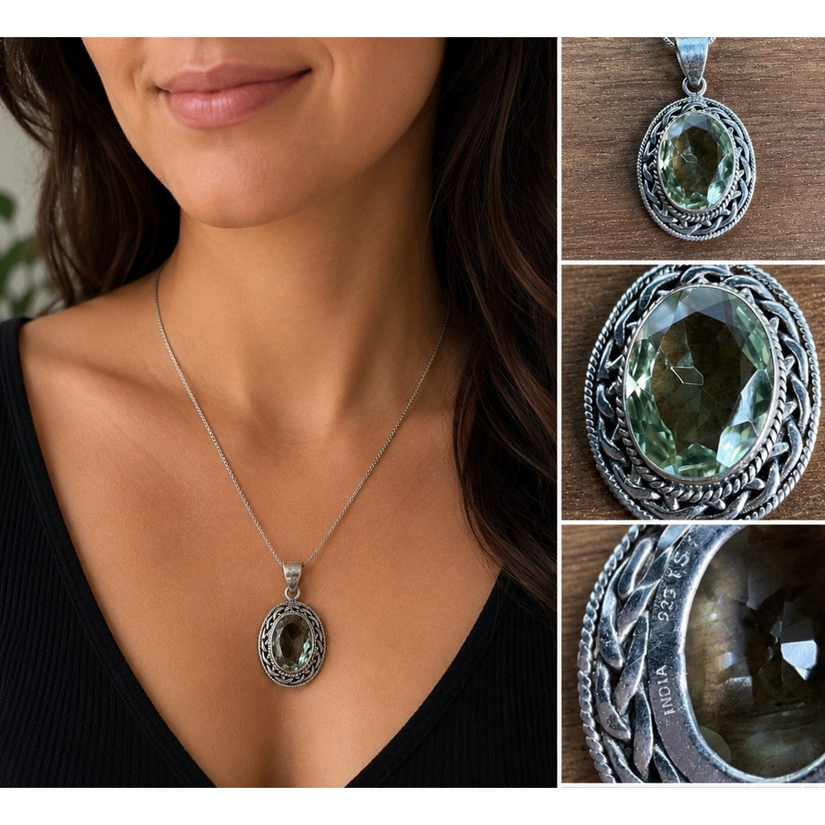 Vintage Prasiolite Sterling Silver Green Amethyst Oval Pendant And 925 Necklace