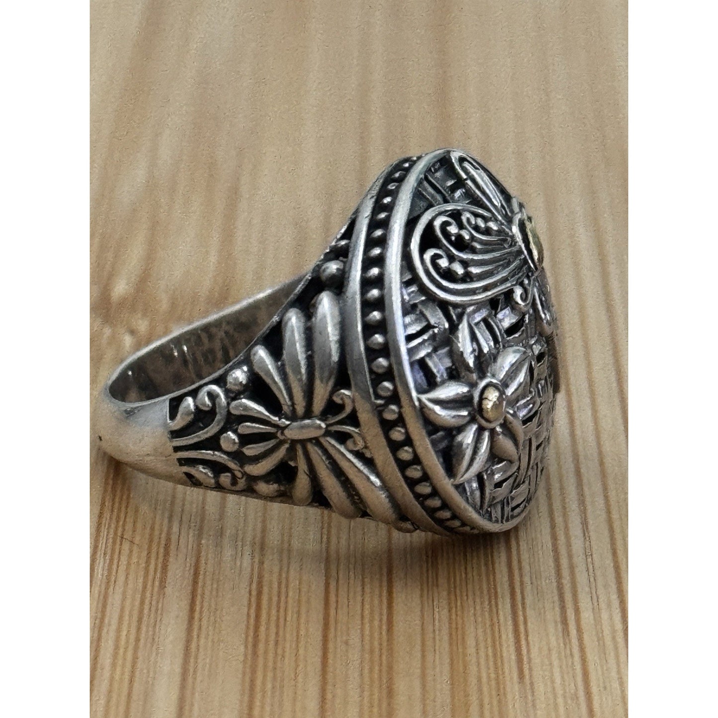 Robert Manse M ID 925 Sterling and 18K Gold Dragonfly Flower Sz 8.5 Bali 7g