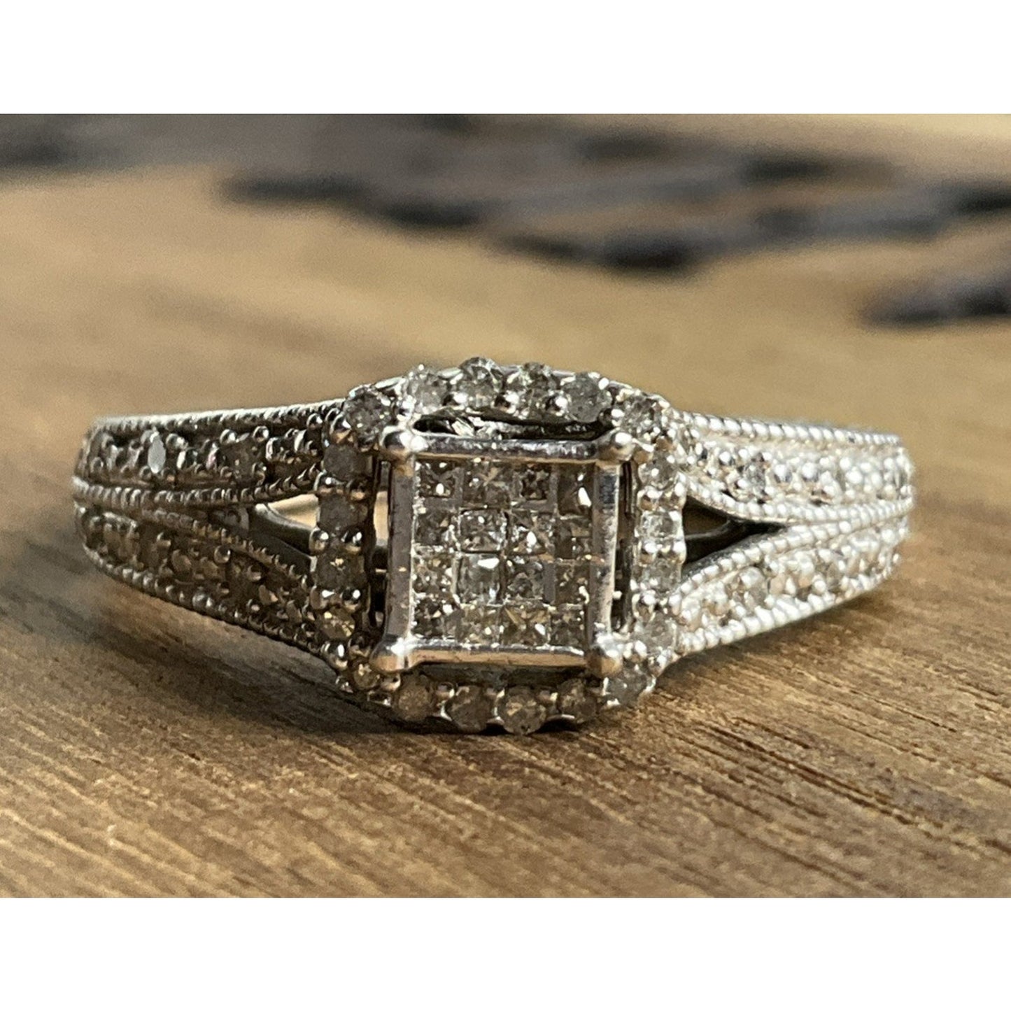 Sterling Silver Cluster Ring 925 Size 7 Halo CZ Split Shank Bridal