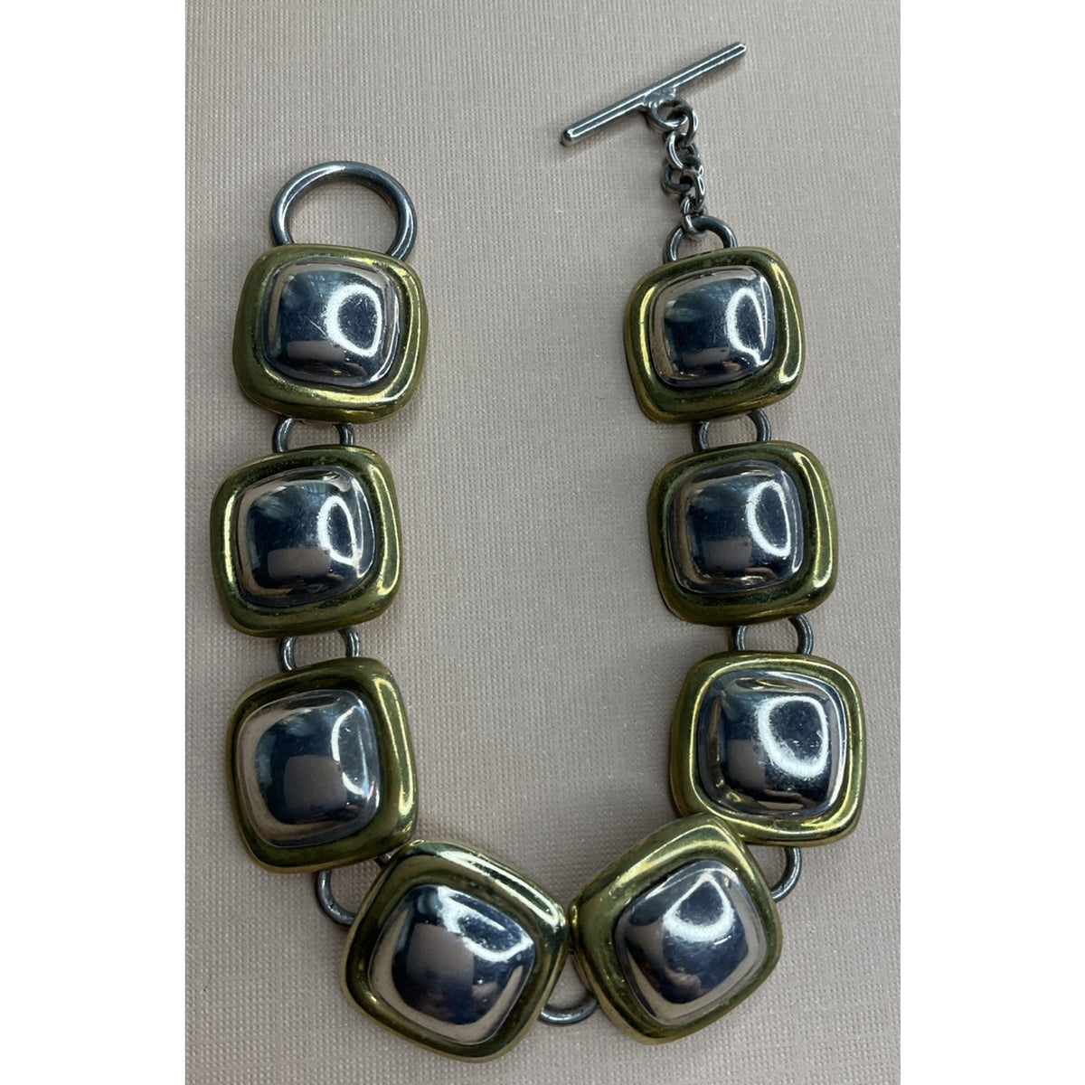 Mexico 925 Sterling Silver Two Tone Square Link Bracelet 36g Toggle 7.5”