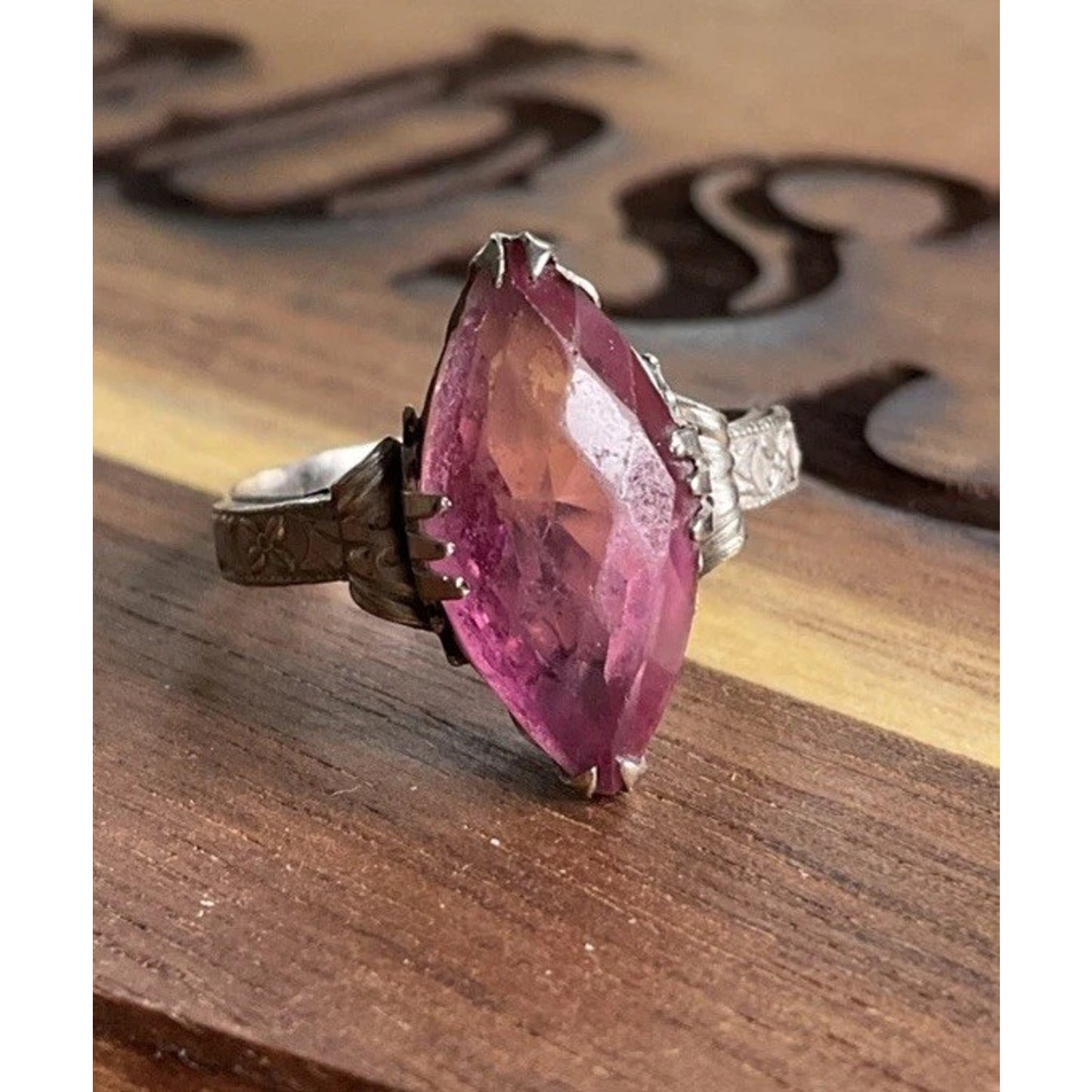 Vintage Sterling Silver Pink Marquise Stone Ring 925 Statement Ring Size 7