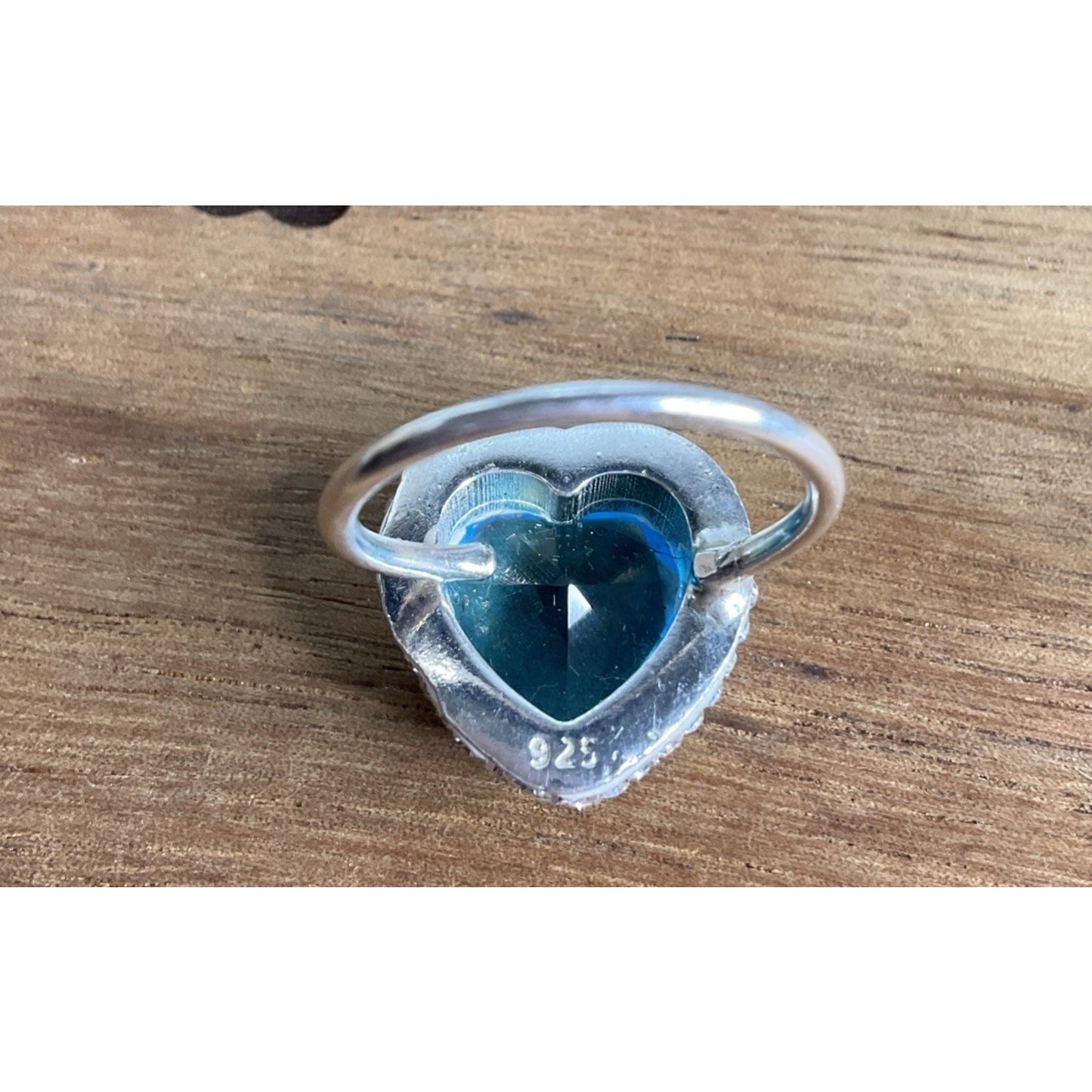 Sterling Silver Blue Heart Ring Adjustable Size 7 CZ Halo Romantic Gift Ring 925