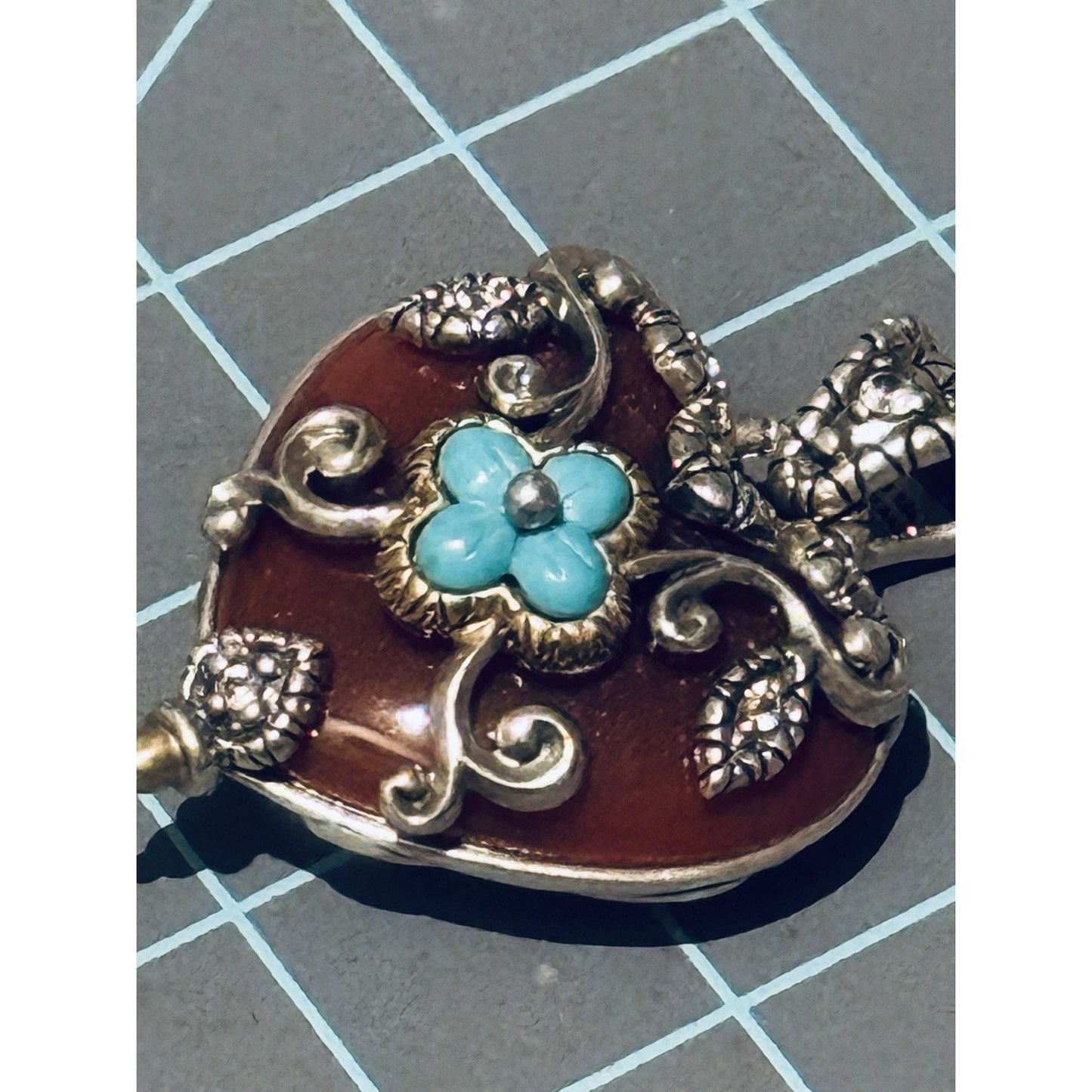 Vintage Barbara Bixby 18K & 925 Sterling Carnelian Turquoise Pearl Heart Pendant