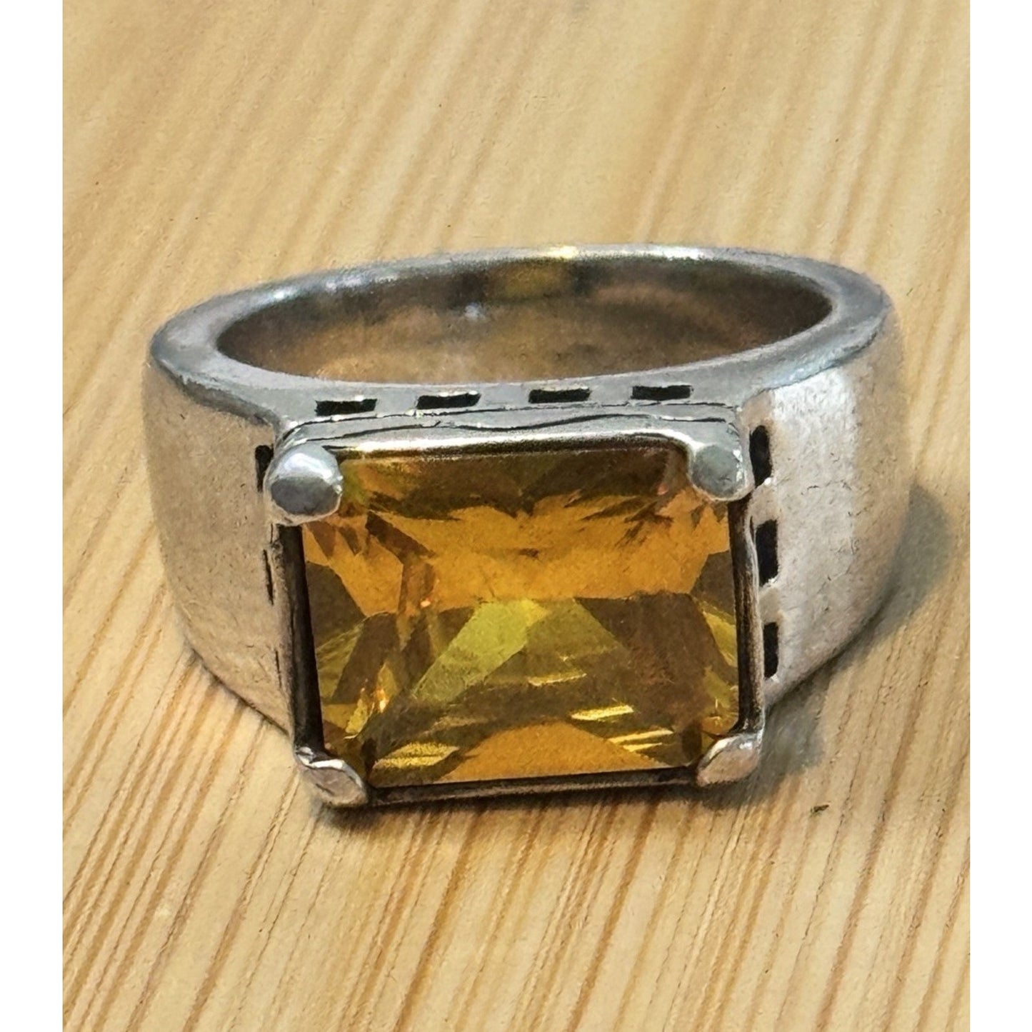 Vintage EX EX Sterling Silver 4-5 Carat Citrine Emerald Cut 925 Ring Size 8, 15g