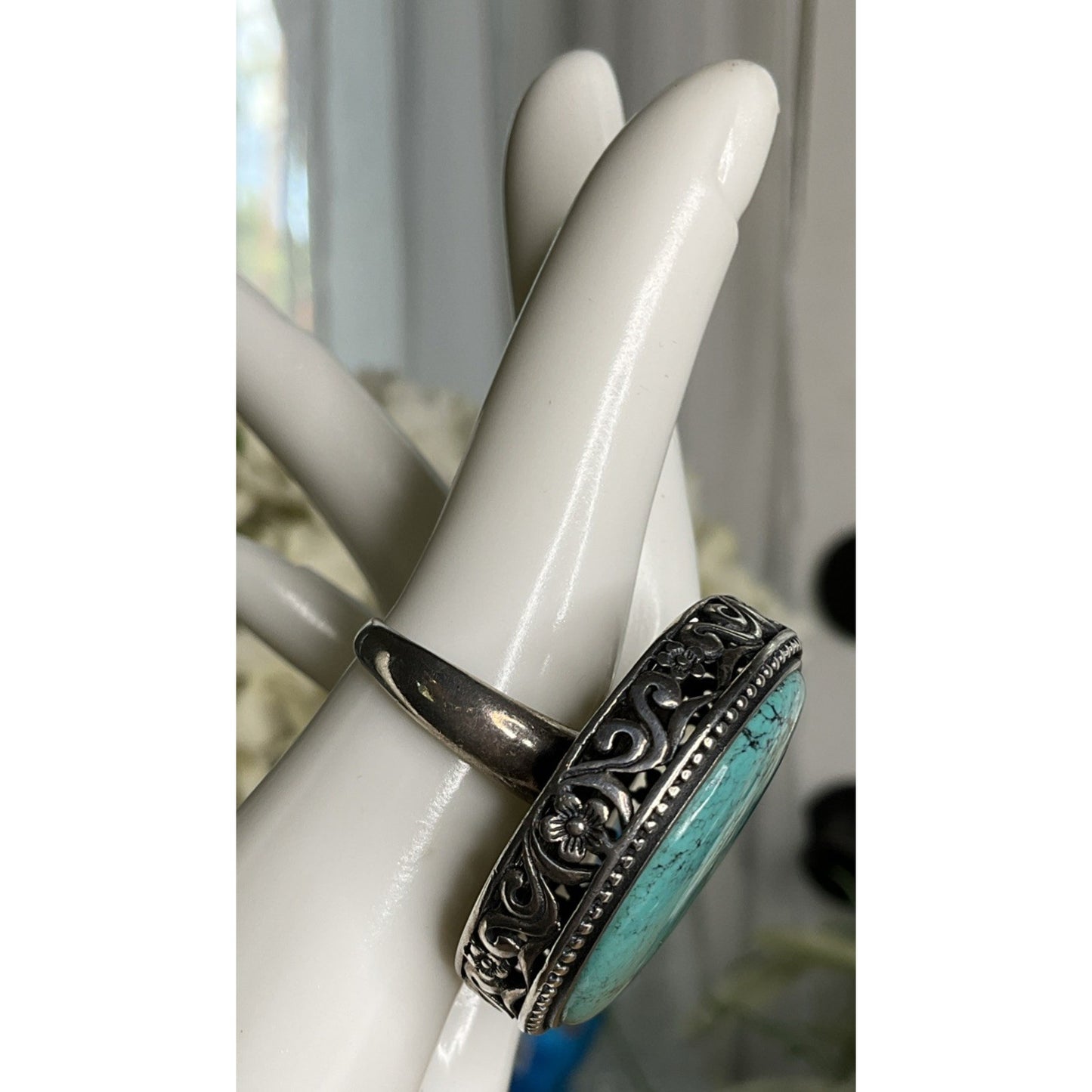 Large Sterling Silver Bold Turquoise Statement Ring Filigree Wide Band Size 8