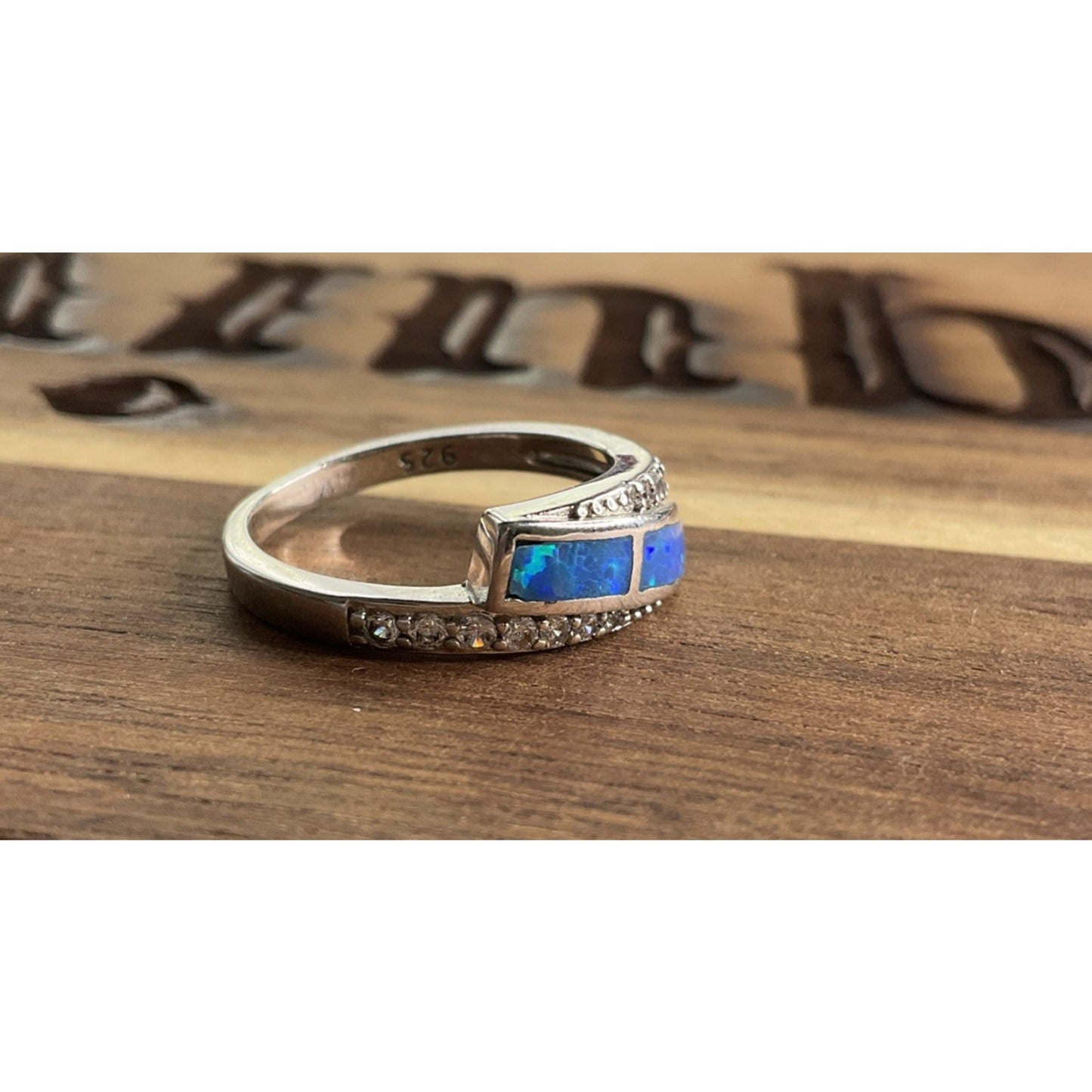 Sterling Silver Blue Opal Inlay Ring Size 6 CZ Accent Wrap Ring