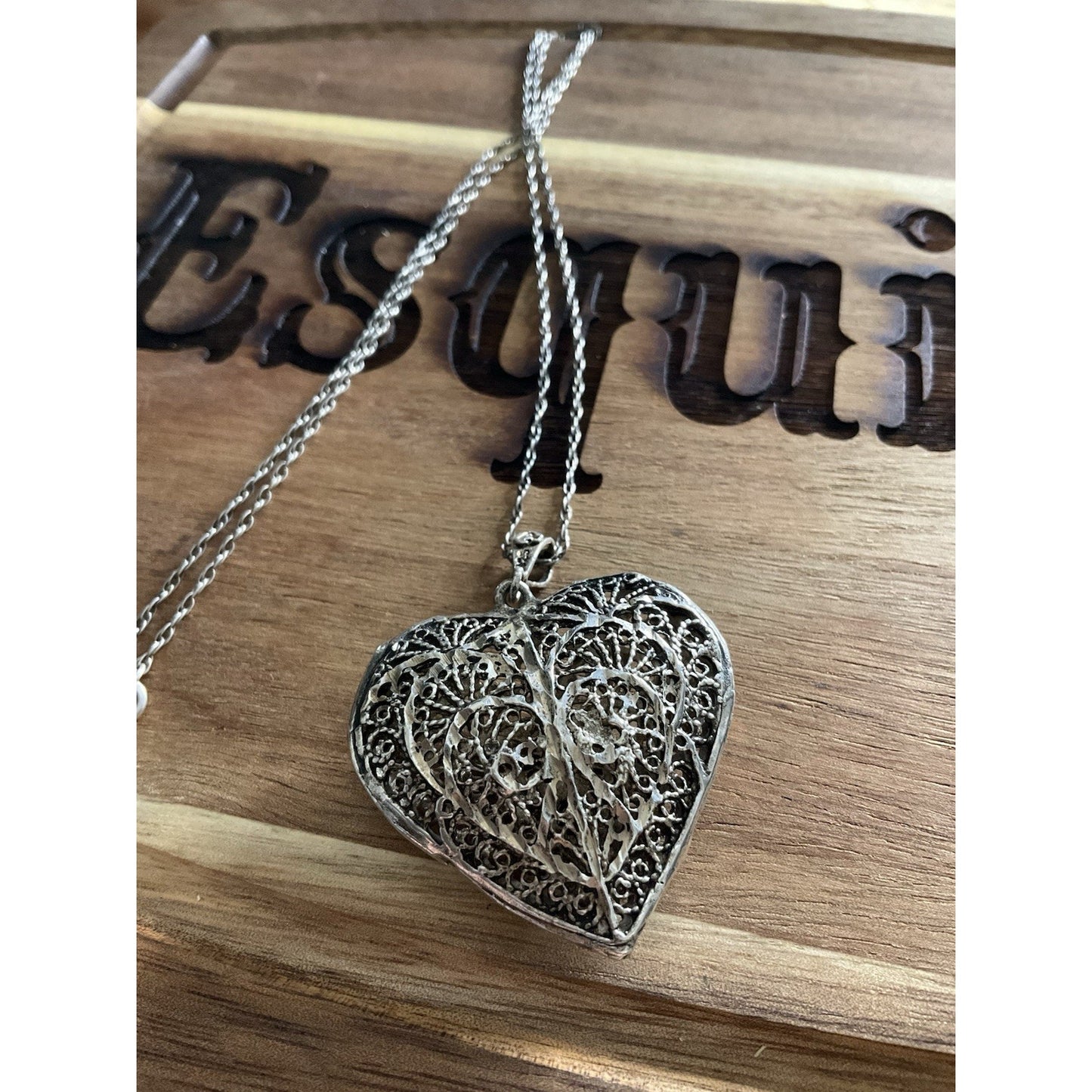 Vintage Sterling Silver Filigree Heart Pendant Necklace 925 Large Ornate Scroll