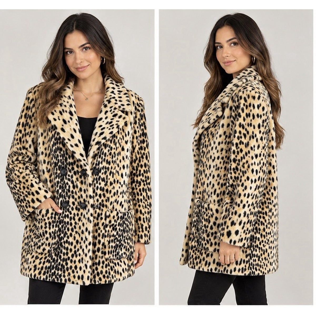 Luxury Pile Faux Fur Leopard Cheetah Print Coat Women’s XS Double Breasted