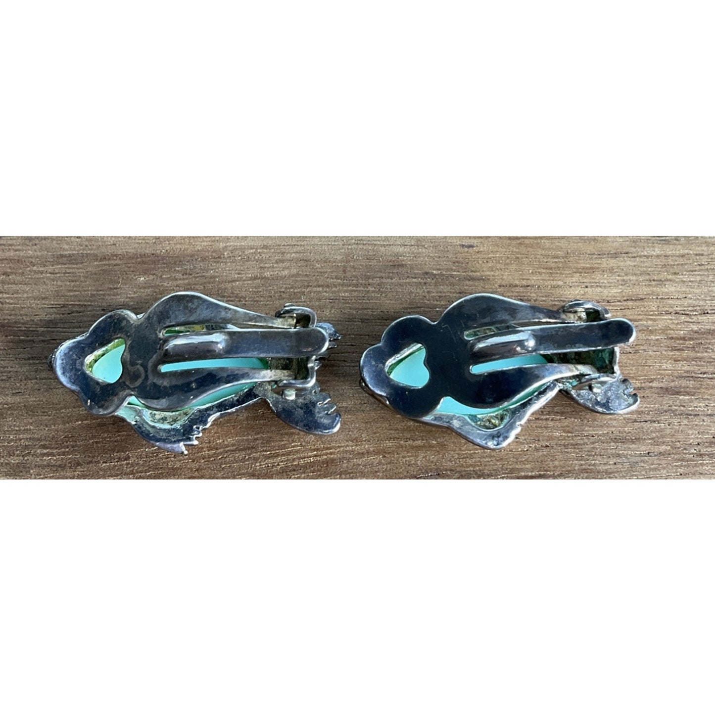 Vintage Sterling Silver Fish Coastal Clip On Earrings Aqua Green Gemstones 10g
