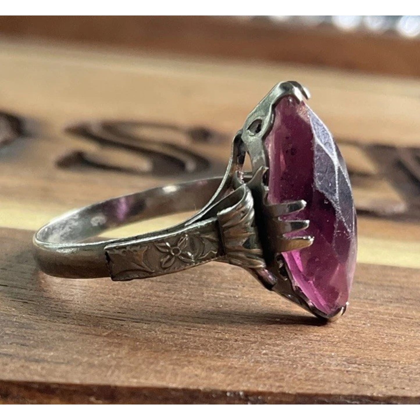 Vintage Sterling Silver Pink Marquise Stone Ring 925 Statement Ring Size 7
