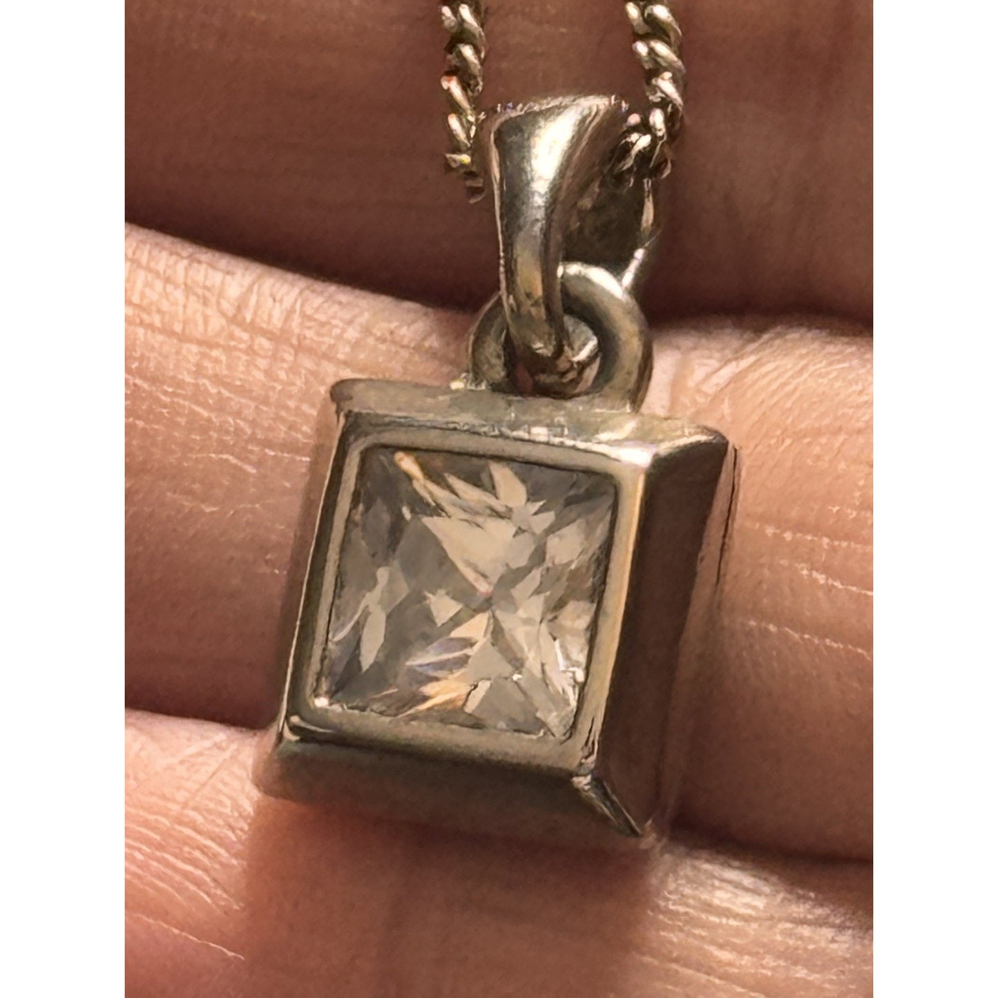 Sterling Silver 925 Princess Cut Clear CZ Cube Pendant Necklace 7g Modern 18”