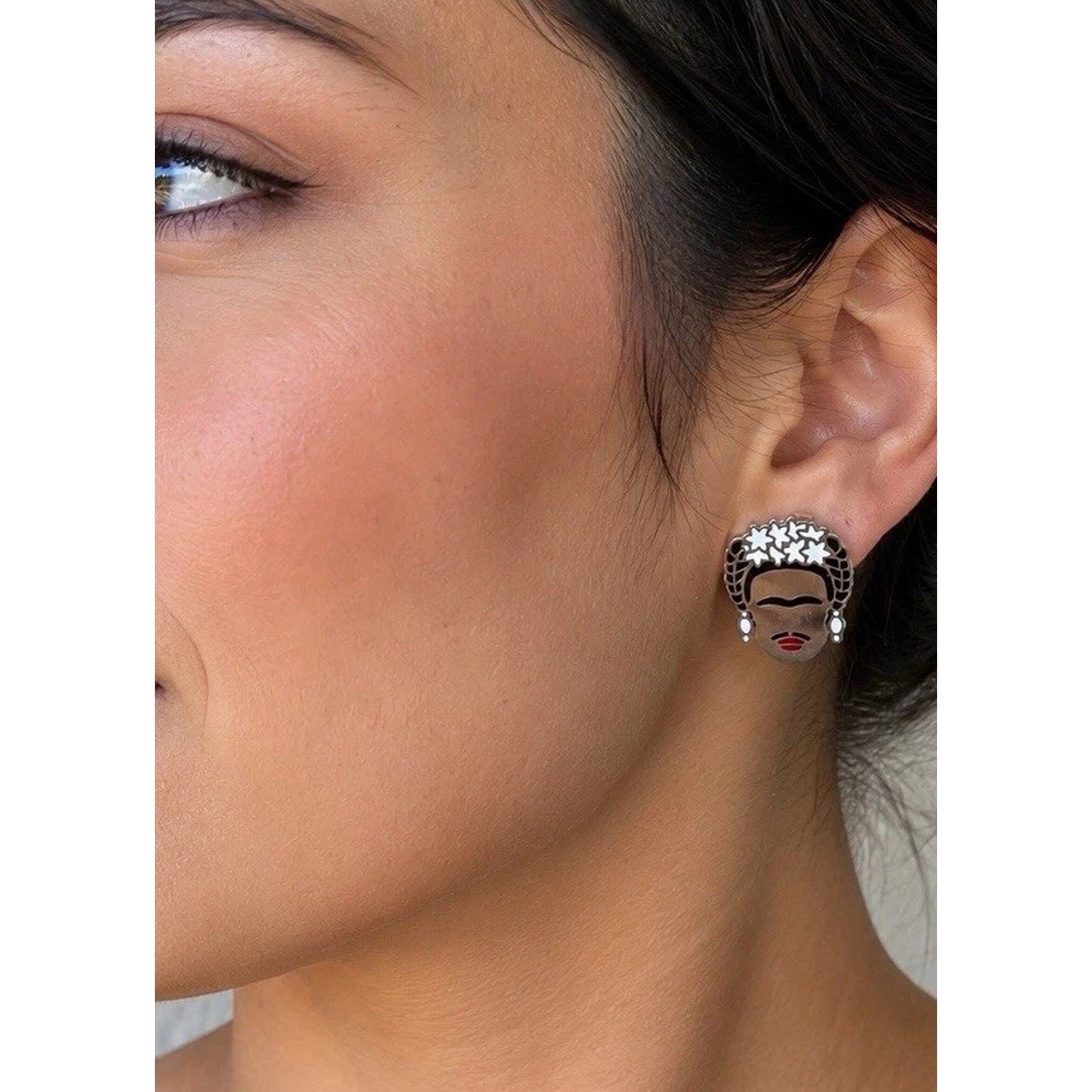 Sterling Silver 925 Frida Kahlo Style Face Stud Earrings