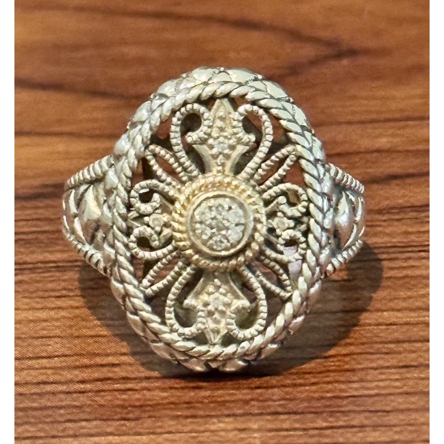 Vintage 925 Sterling Silver & 14K Gold Diamond Filigree Balinese Ring Size 7.5