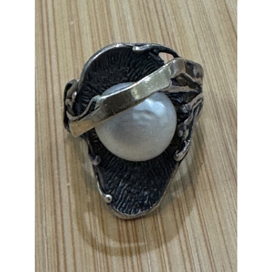 Vintage Sandra Dini Pearl Sterling Silver and Gold Brutalist Ring Size 7