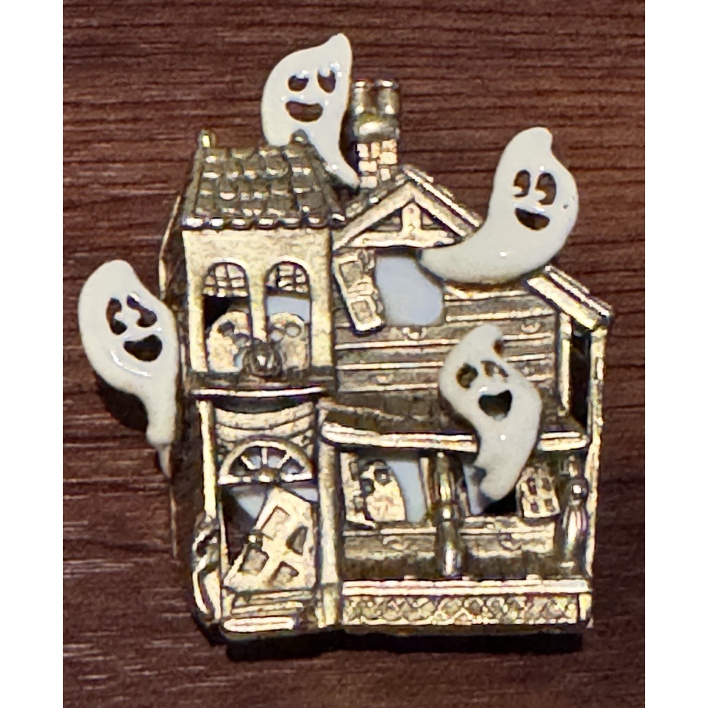 AJC Haunted House Ghost Brooch Vintage Halloween Pin Gold Tone 3D WORKS!!