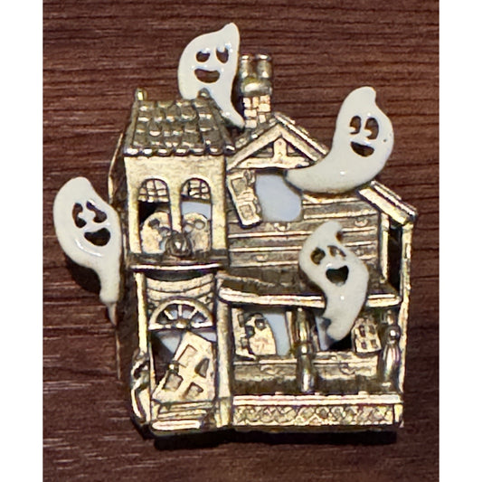 AJC Haunted House Ghost Brooch Vintage Halloween Pin Gold Tone 3D WORKS!!