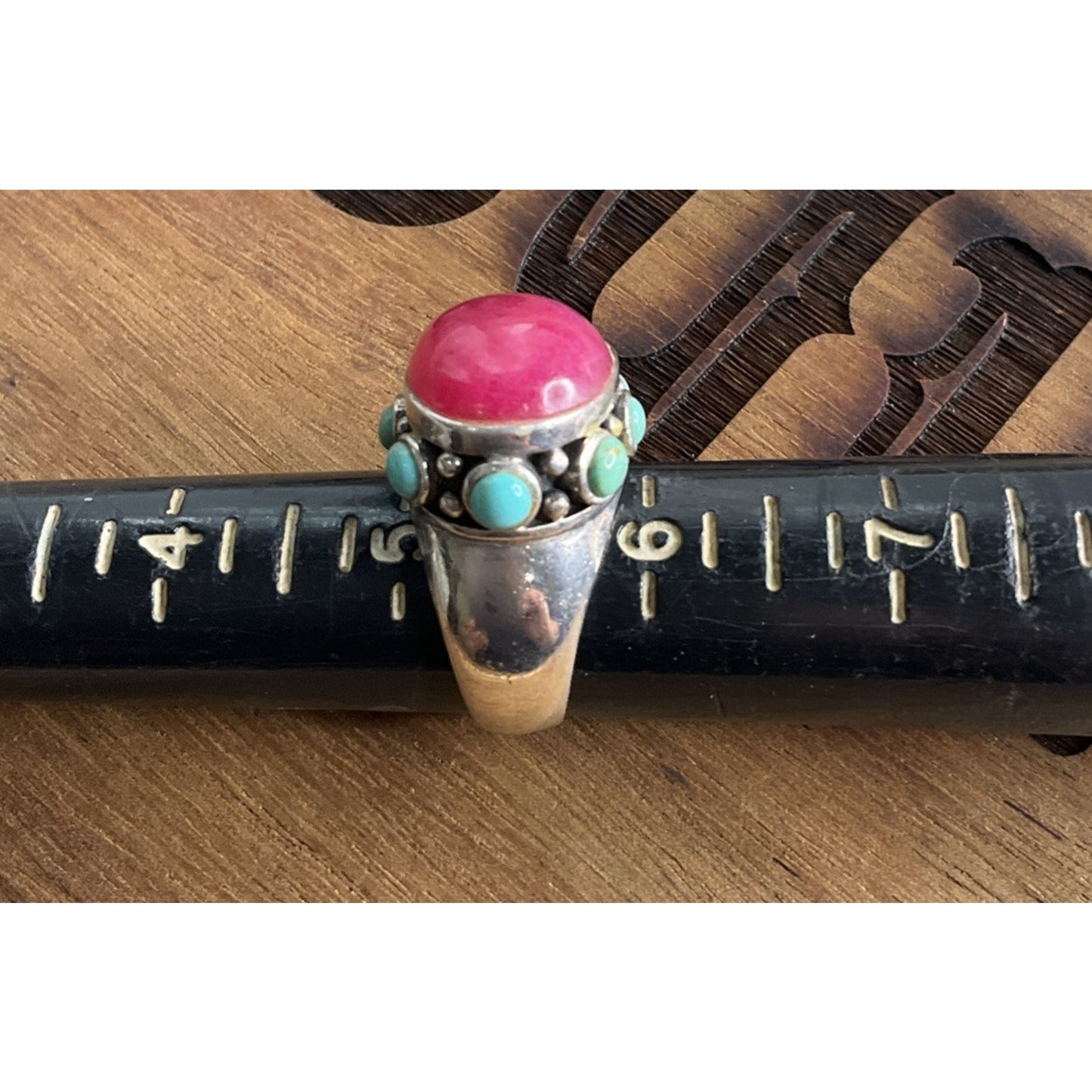 Sterling Silver 925 Pink Stone Turquoise Ring Statement Wide Band Size 5.5