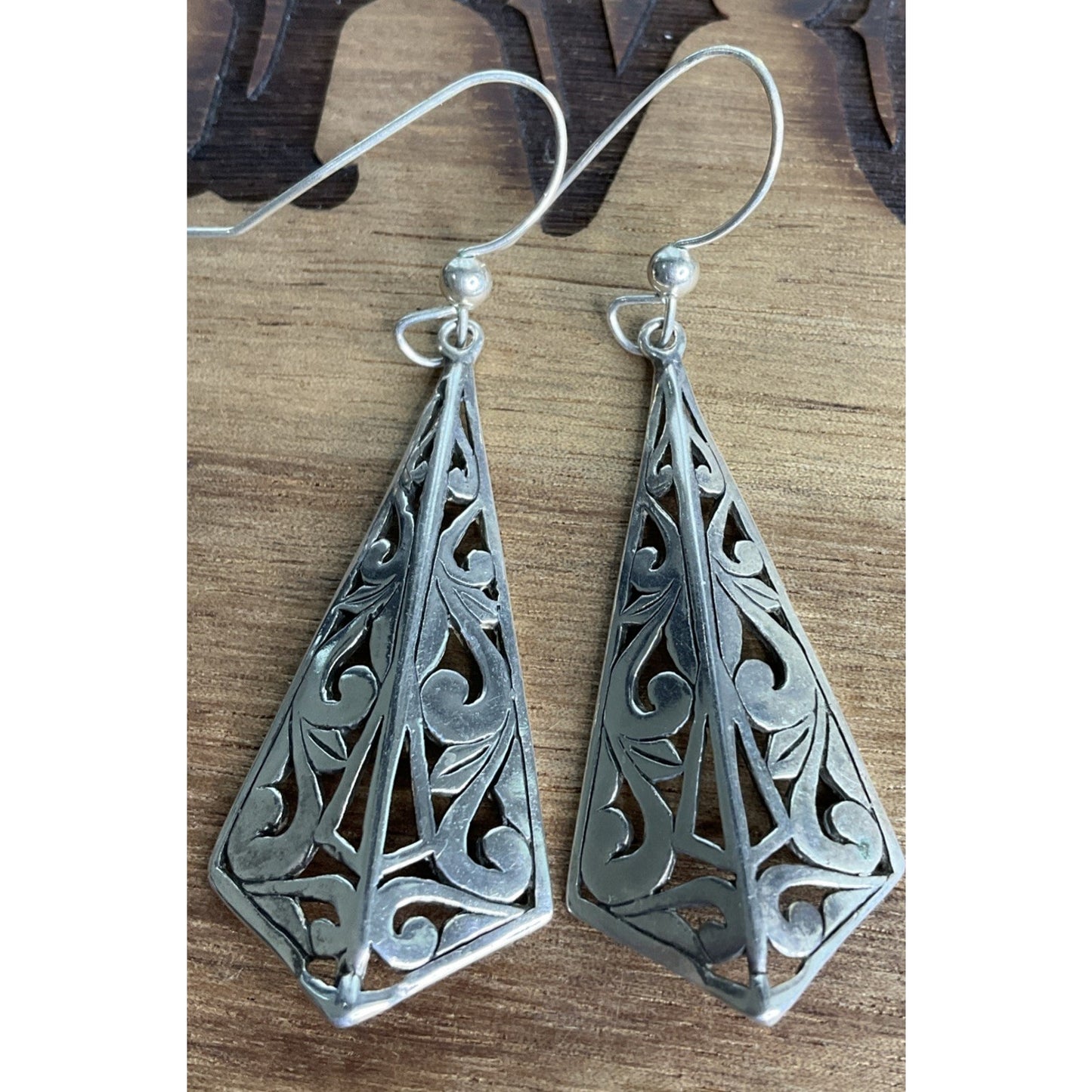 Vintage Sterling Silver Open Work Ornate Scroll Vine Hook Dangle Earrings Signed