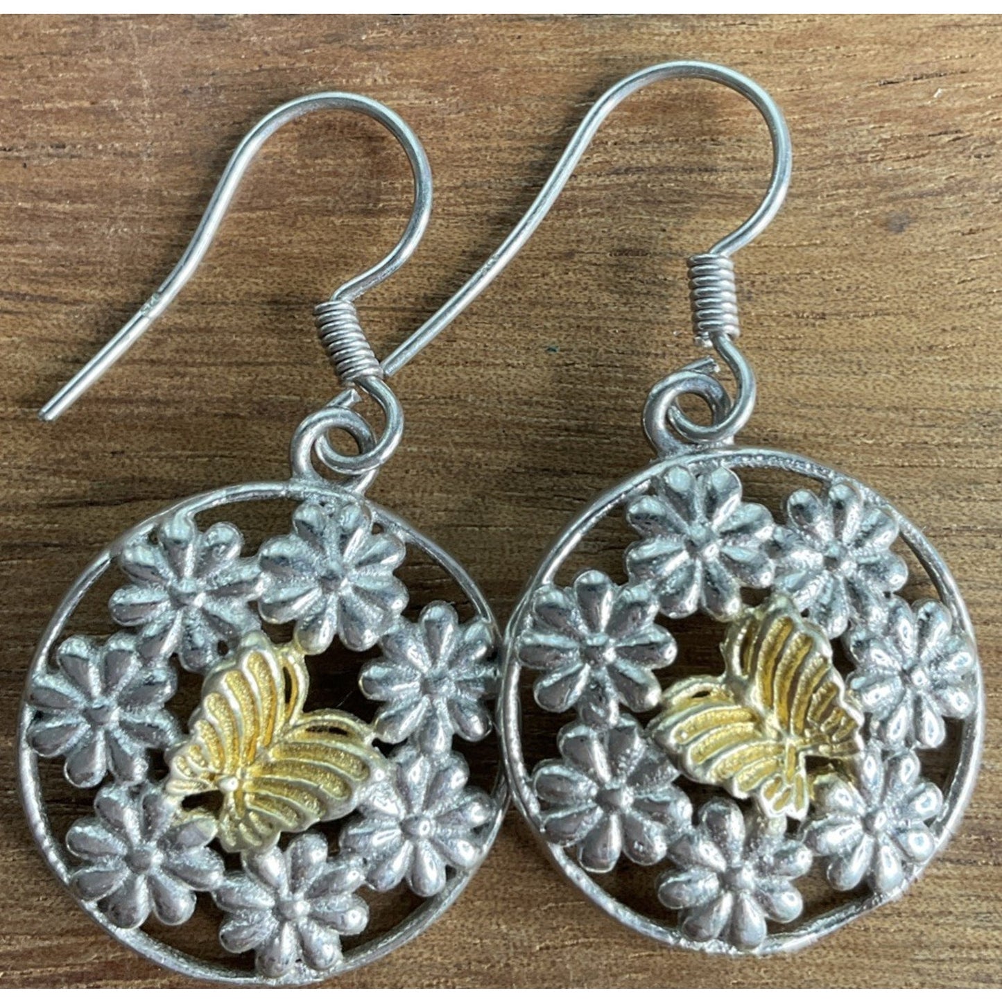 Vintage Sterling Silver Two Tone Butterfly Flower 1.5” Dangle Drop Boho Earrings