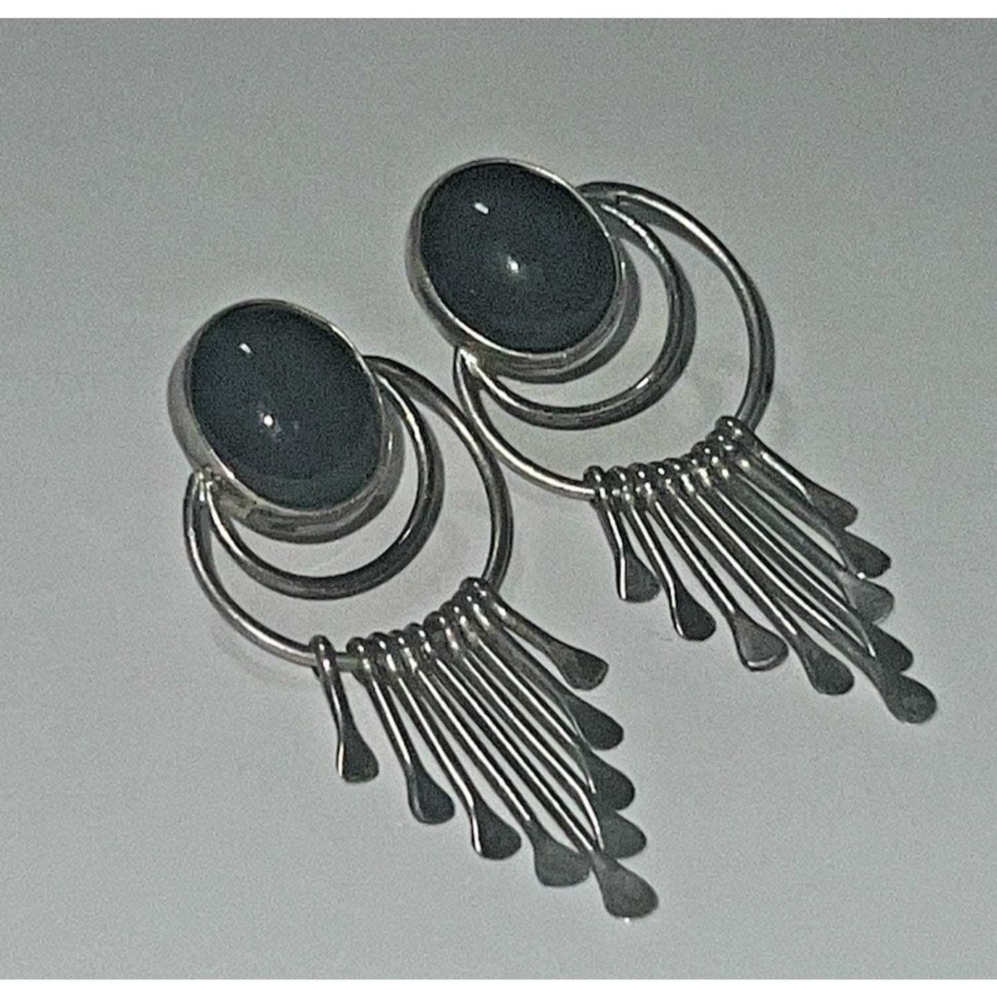 Vintage Sterling Silver AL Signed Onyx Dangle Earrings Southwestern Style