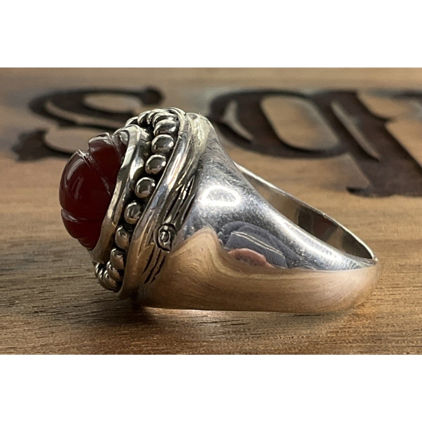 Vintage Doug Paulus DP India Sterling Silver Round Beaded Carnelian Ring Sz 6.5