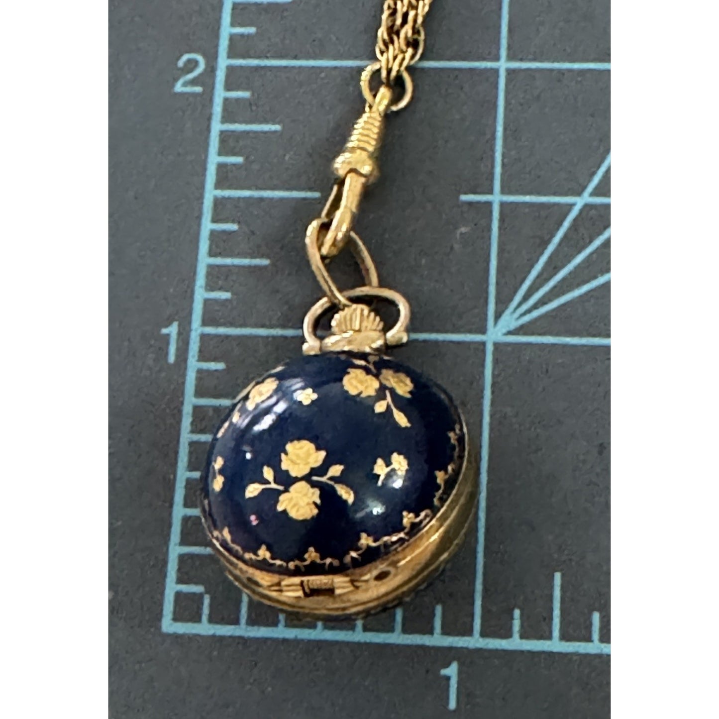 Vintage Bucherer Swiss Pendant Watch Gold Tone Necklace Blue Enamel Floral 28”