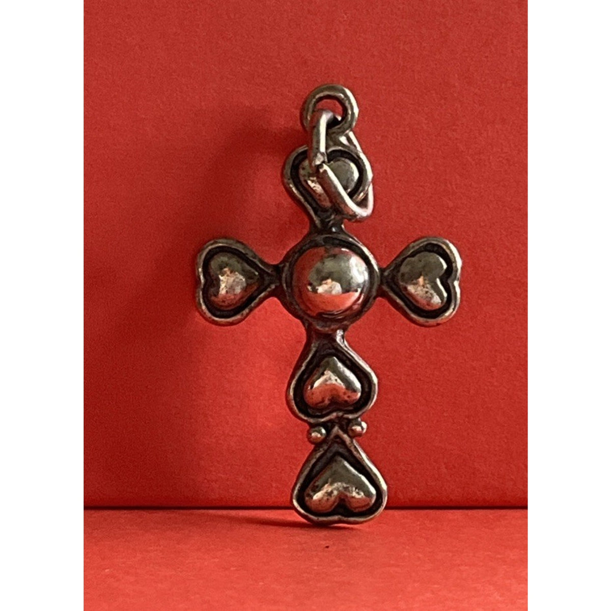 Vintage Sterling Silver Puffy Heart Cross Charm Pendant Southwestern Style