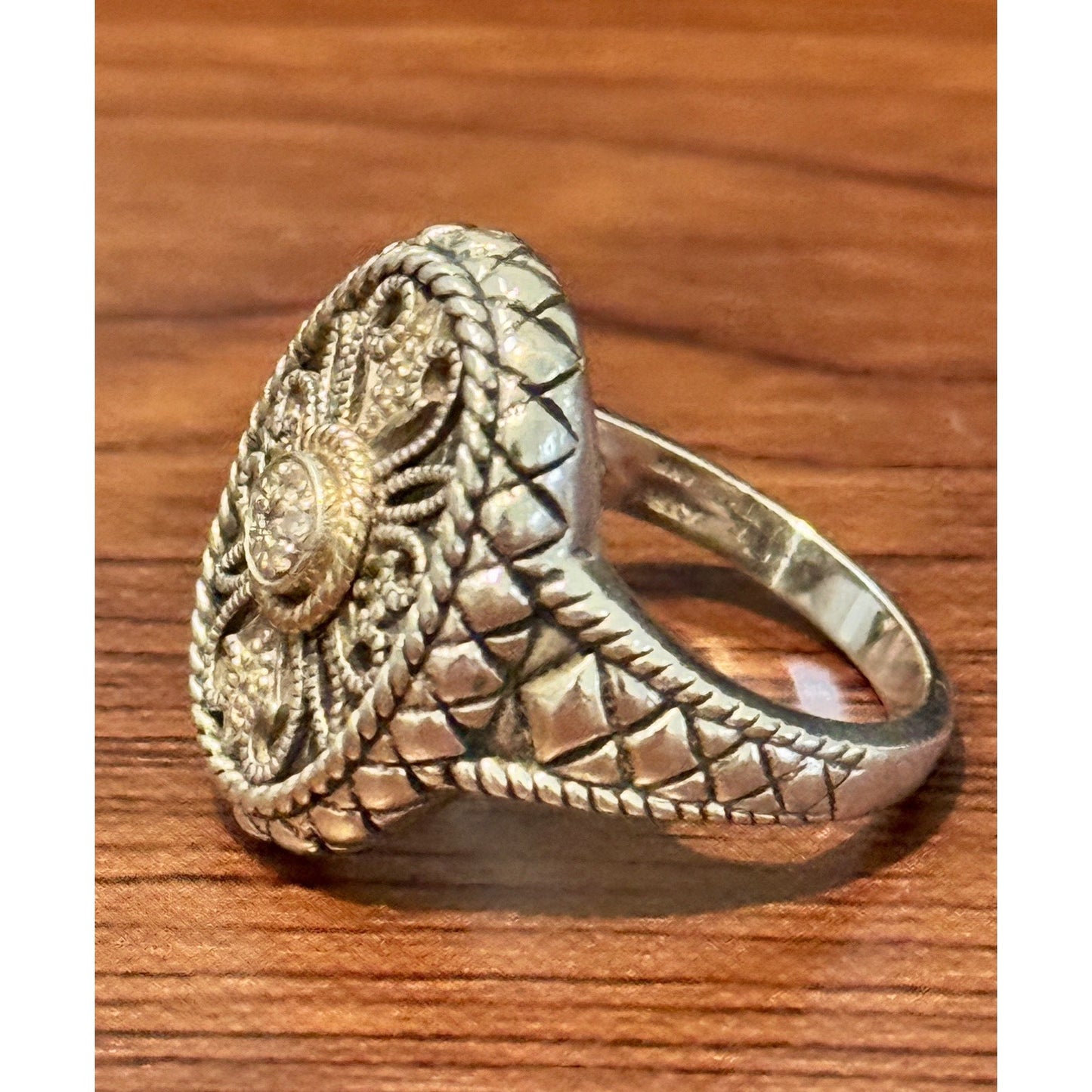 Vintage 925 Sterling Silver & 14K Gold Diamond Filigree Balinese Ring Size 7.5