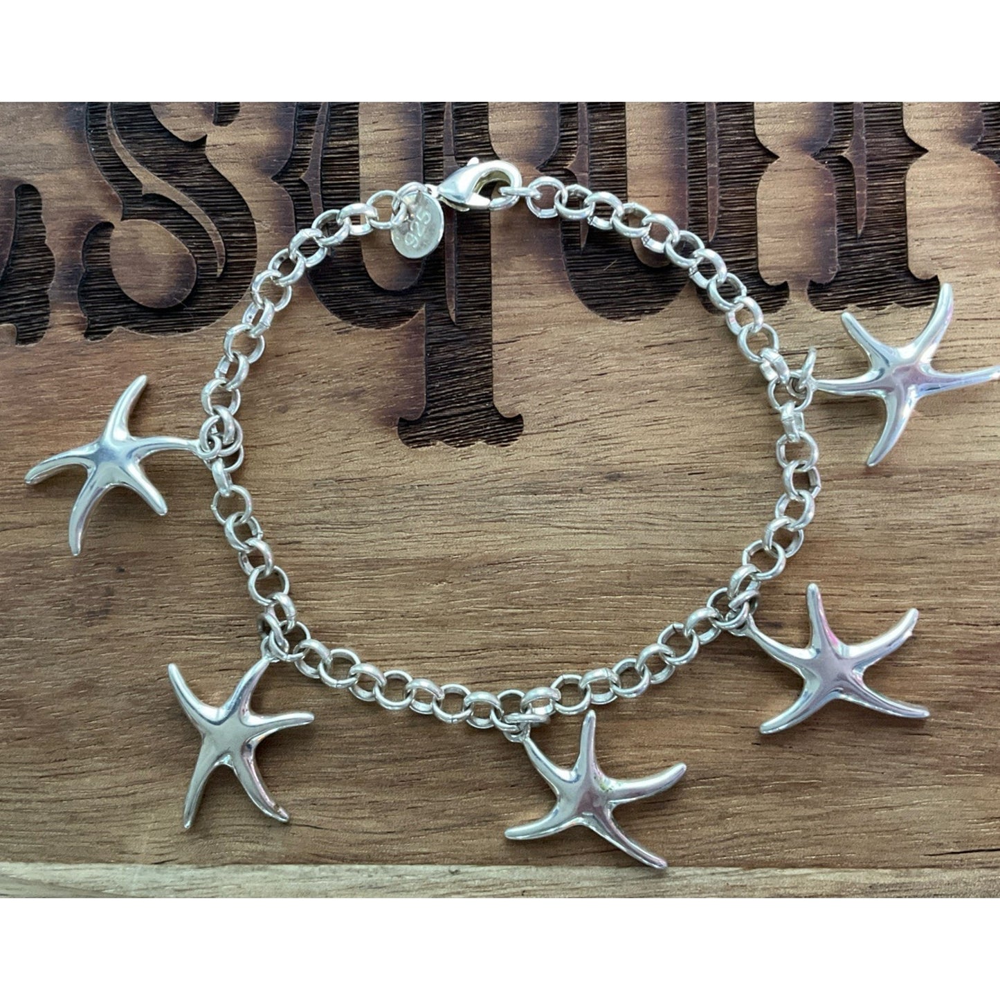 Vintage Sterling Silver Starfish Dangle Bracelet 7.5” Ocean Beach Coastal