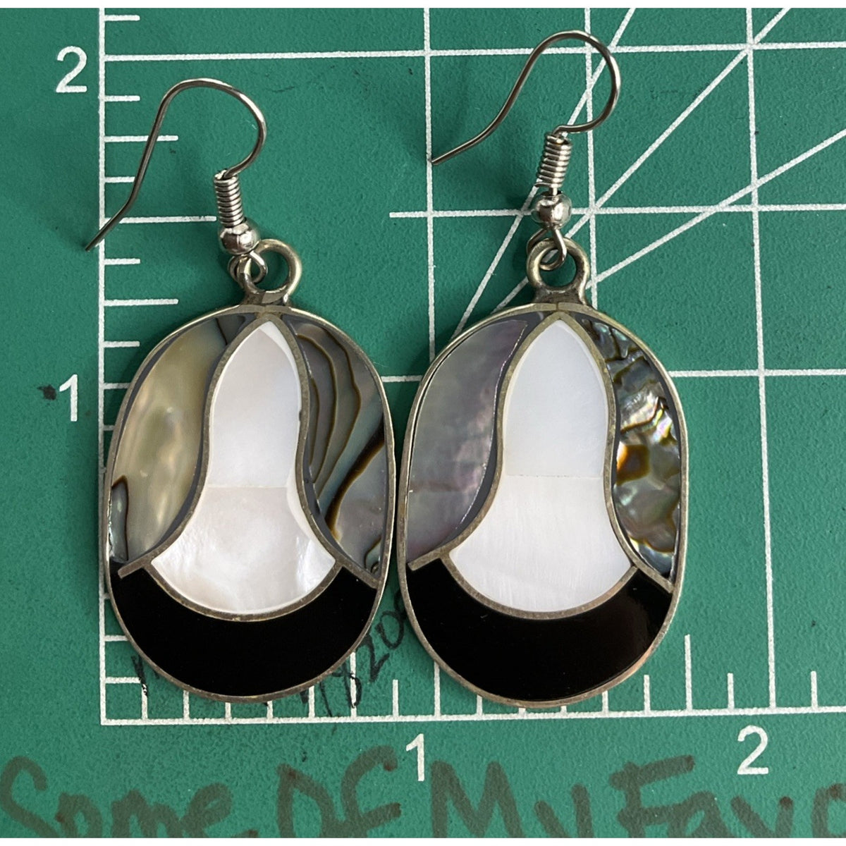 Vintage Alpaca Sterling Silver Mother of Pearl Abalone Inlay Dangle Earrings