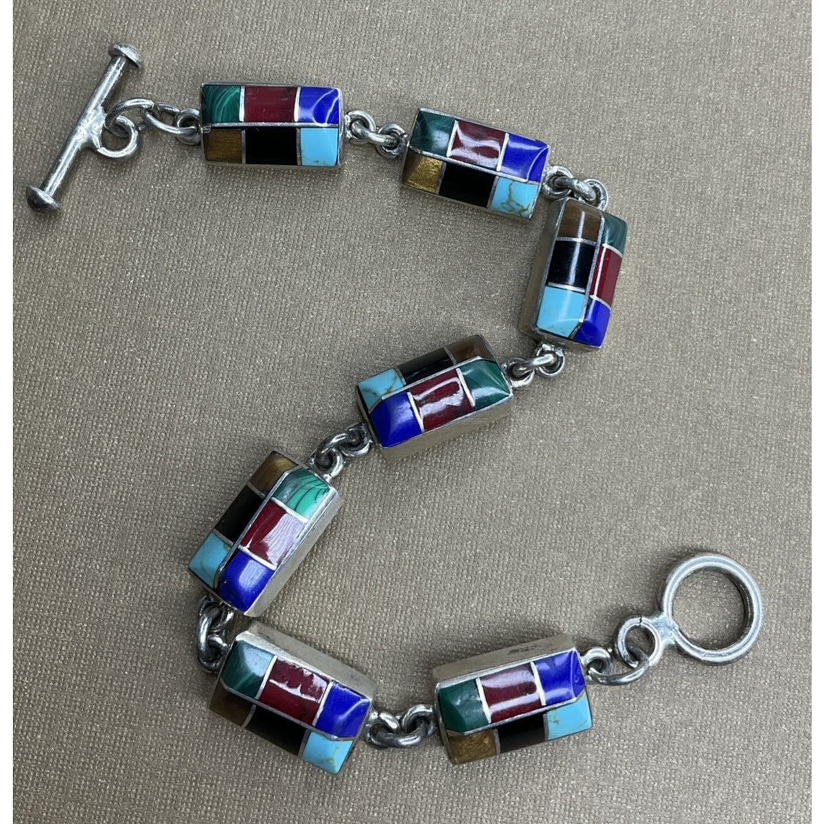 Vintage Mexico 925 Sterling Silver Multi Stone Inlay Link Bracelet 31g 7.5